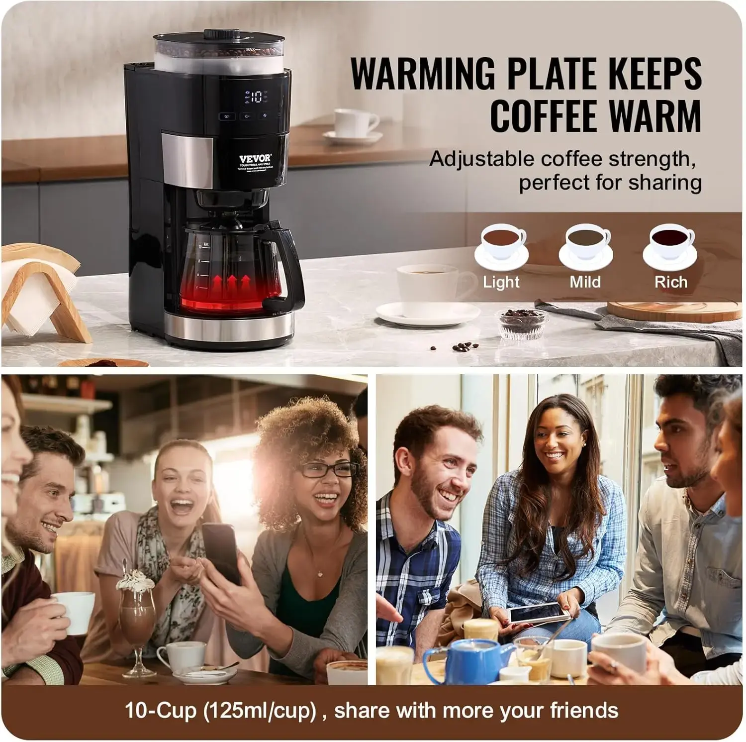 Coffee Maker with Grinder, 10 Cup Coffee Machine, Grind and Brew Coffee Maker with 3 Brew Strength Control