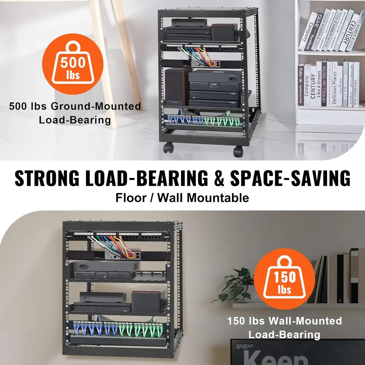 15U Open Frame Server Rack, 23''-40'' Adjustable Depth, Free Standing or Wall Mount Network Server Rack, 4 Post AV Rack