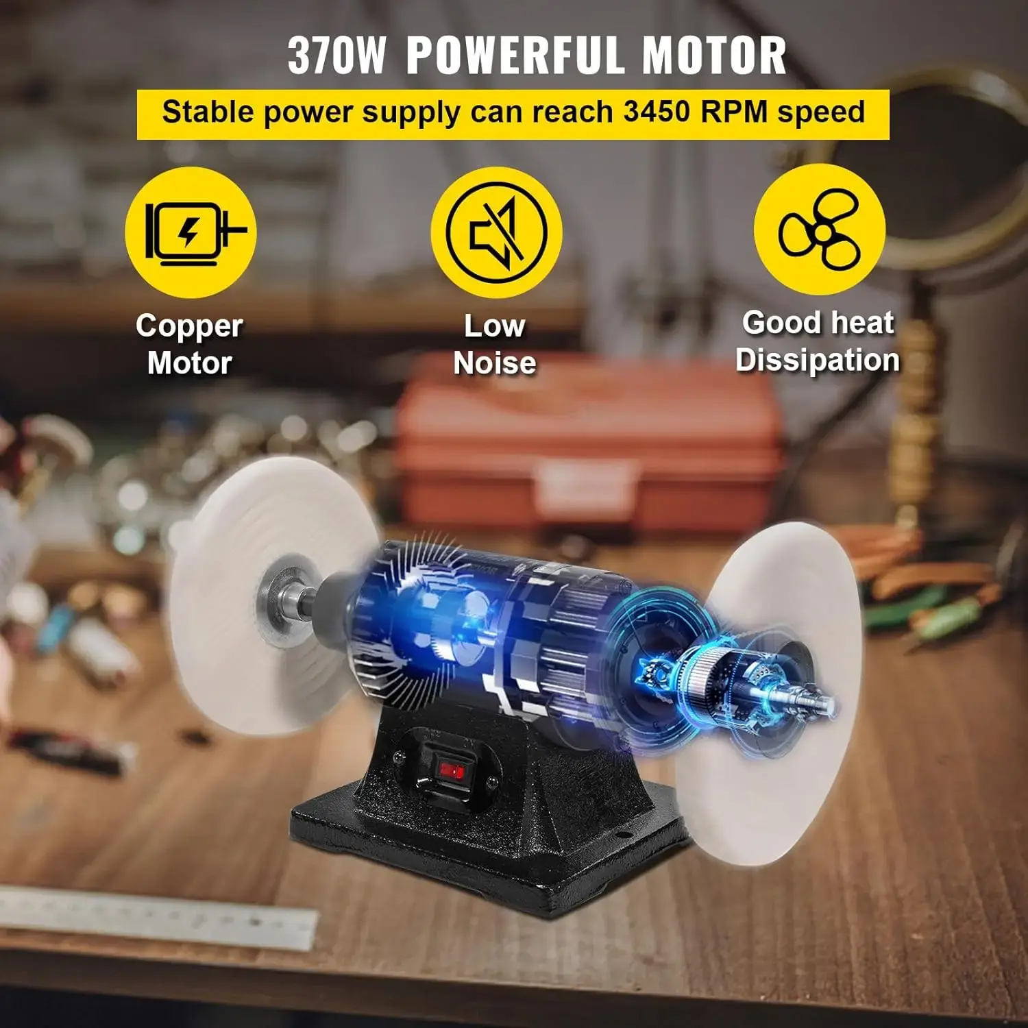Bench Buffer Polisher, 8 inch Buffing Machine 370W Motor with 3450 RPM, Heavy Duty Benchtop Lathe Polishing Machine for Jewelry