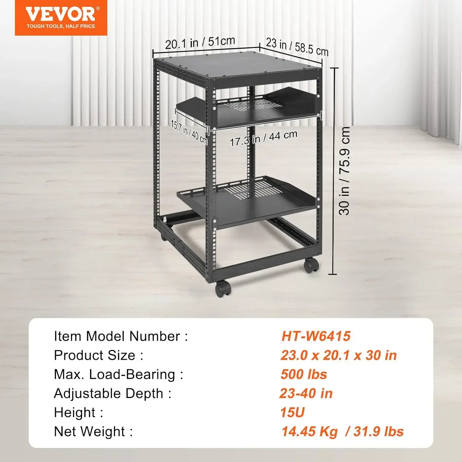 15U Open Frame Server Rack, 23''-40'' Adjustable Depth, Free Standing or Wall Mount Network Server Rack, 4 Post AV Rack