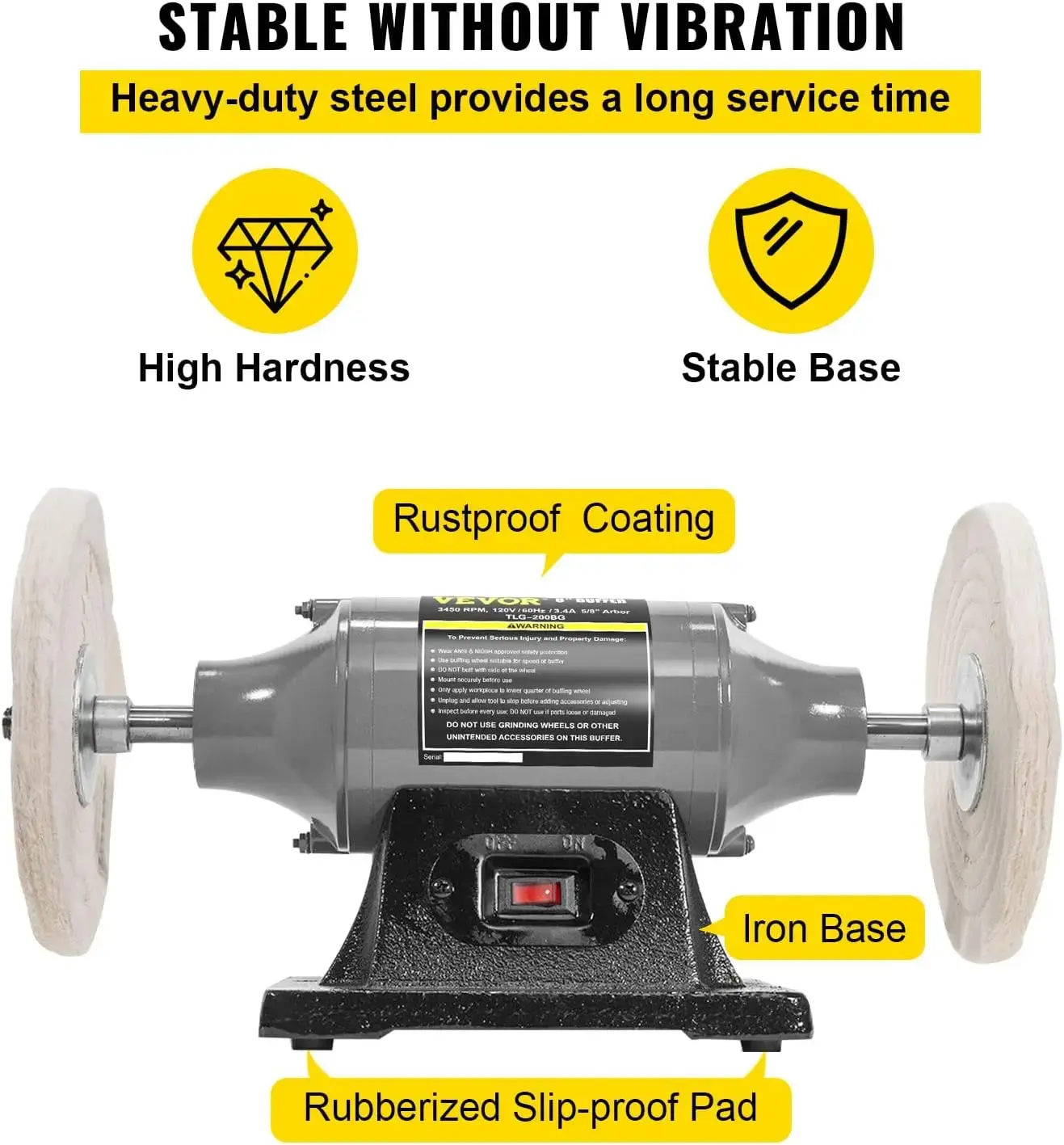 Bench Buffer Polisher, 8 inch Buffing Machine 370W Motor with 3450 RPM, Heavy Duty Benchtop Lathe Polishing Machine for Jewelry