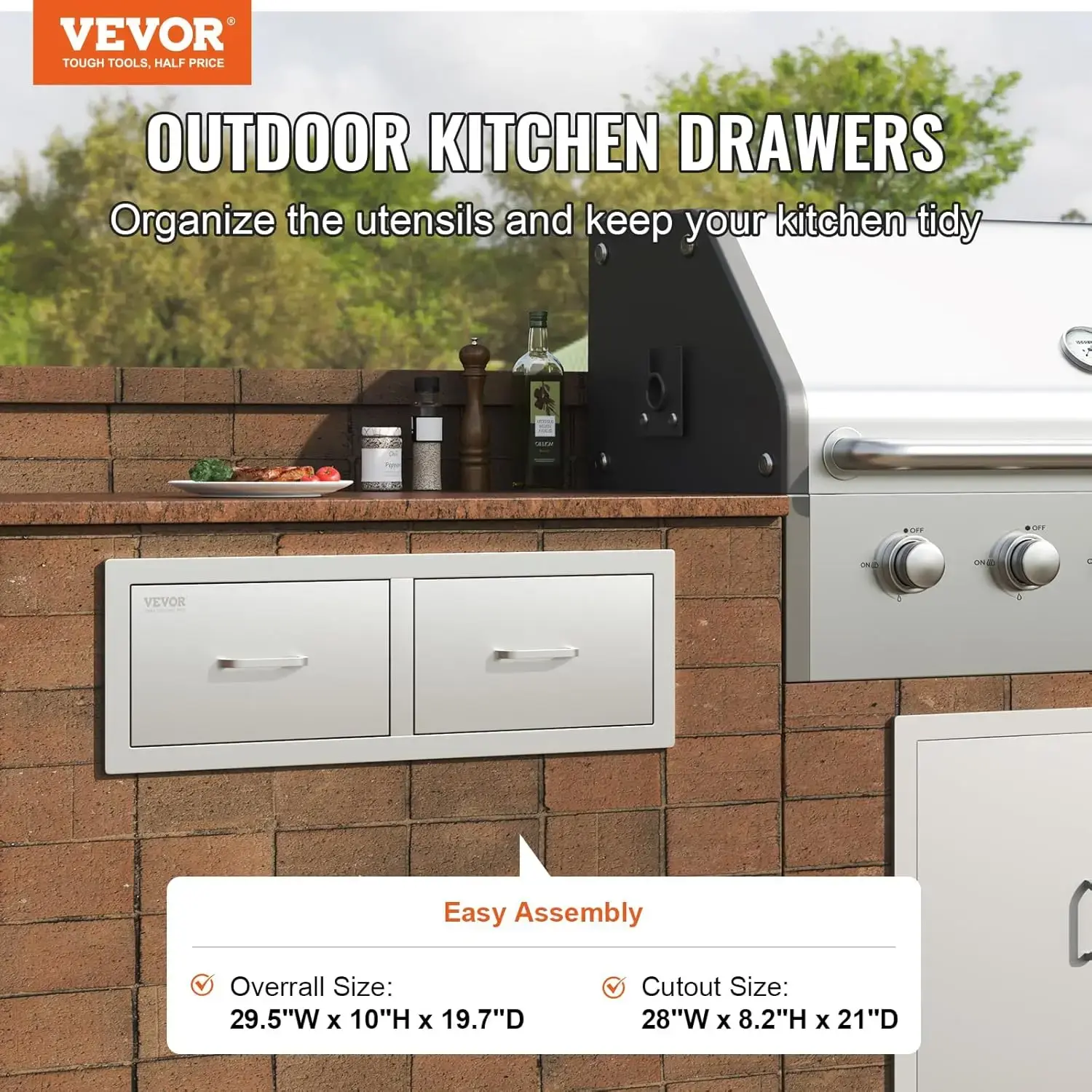 Outdoor Kitchen Drawers 30" W x 10" H x 20" D, Horizontal Double BBQ Access Drawers Stainless Steel with Handle