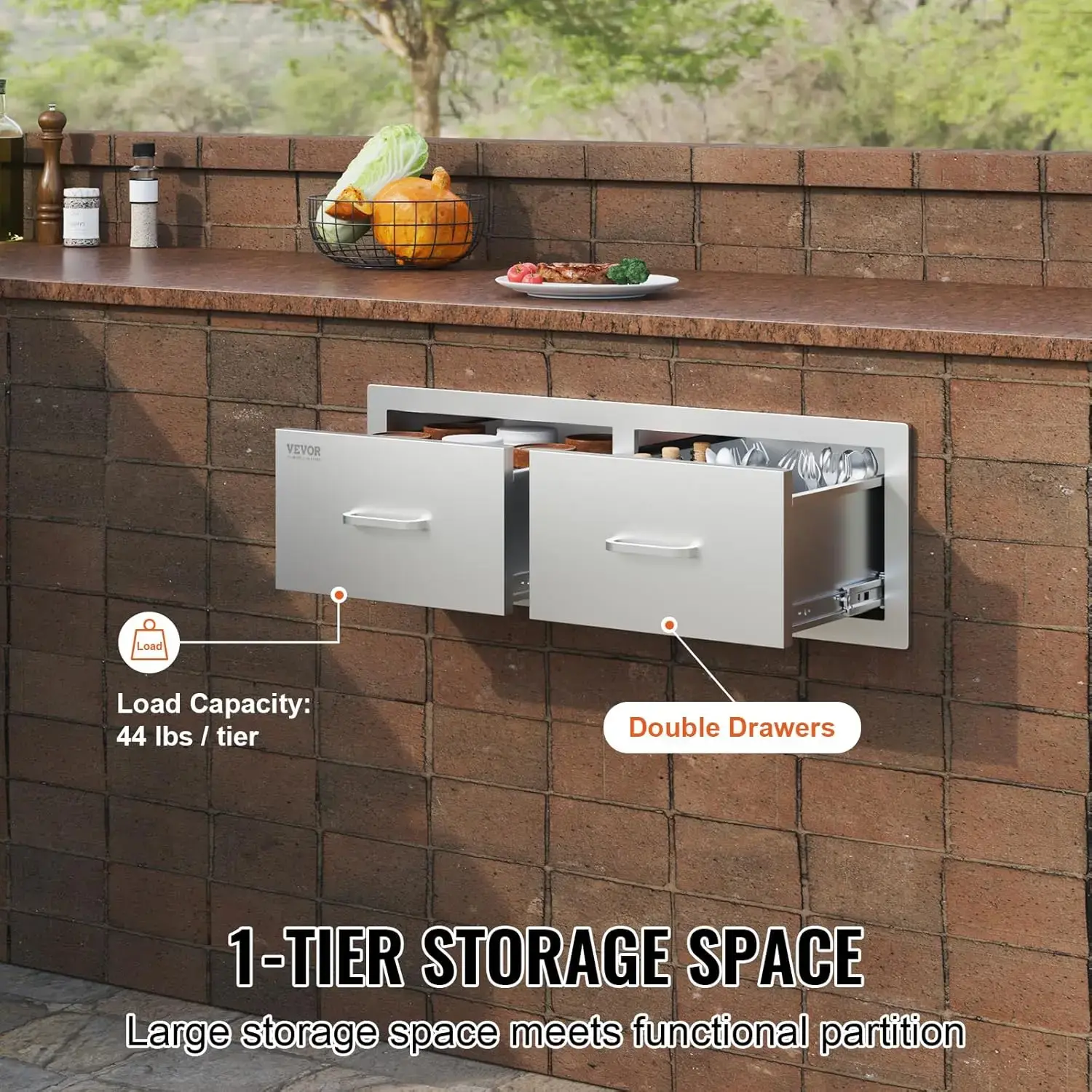 Outdoor Kitchen Drawers 30" W x 10" H x 20" D, Horizontal Double BBQ Access Drawers Stainless Steel with Handle
