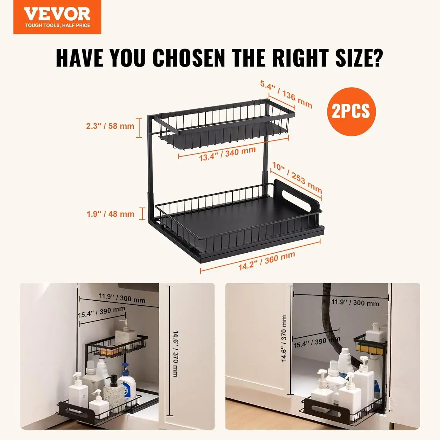 2 Tier Pull Out Cabinet Organizer(10.7"W x 14.2"D ), Under Sink Organizer and Storage, Slide Out Drawer Cabinet Organizer