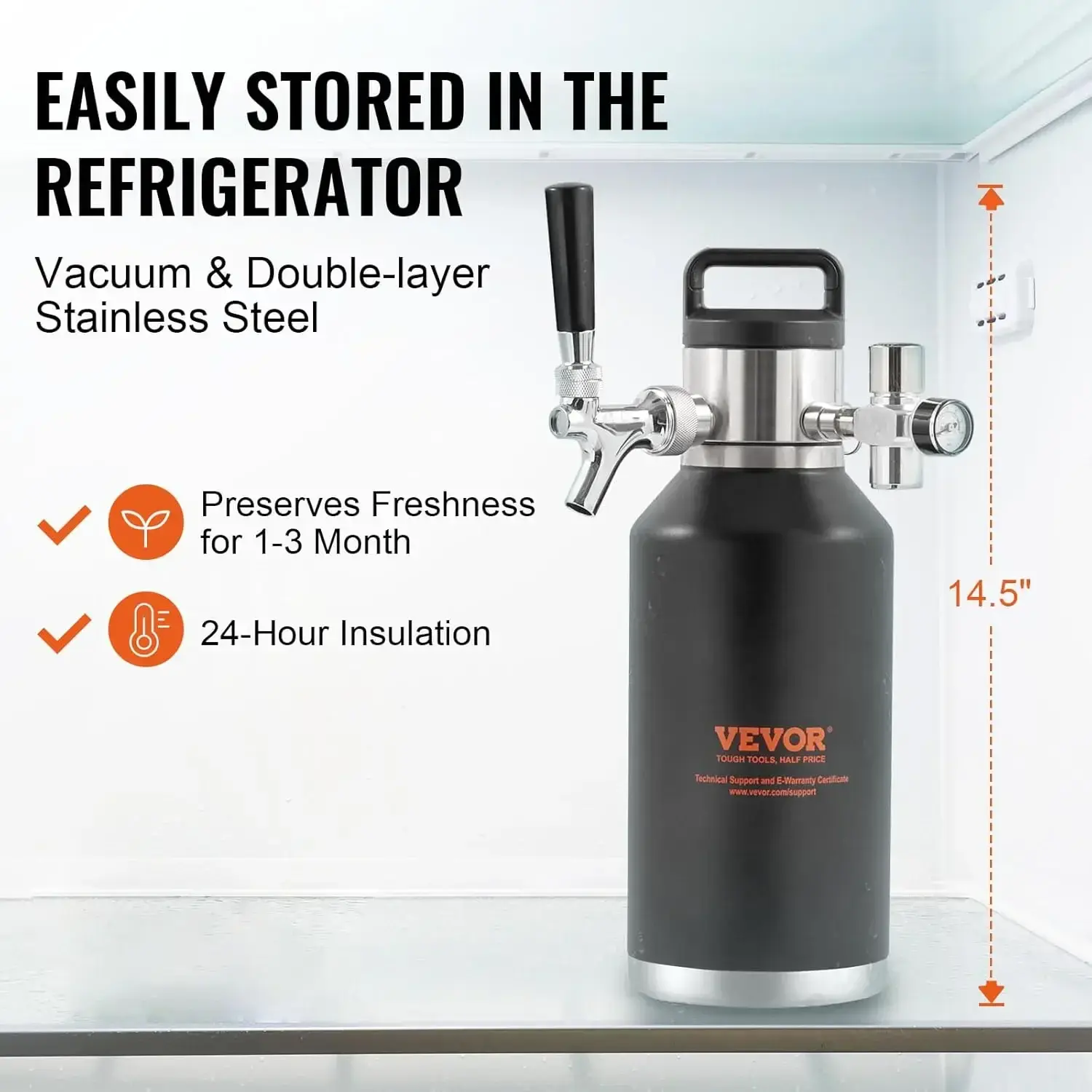 Beer Growler Tap System, 64Oz 1.89L Mini Keg, 304 Stainless Steel Pressurized Beer Growler, Keg Growler with Pressure Display