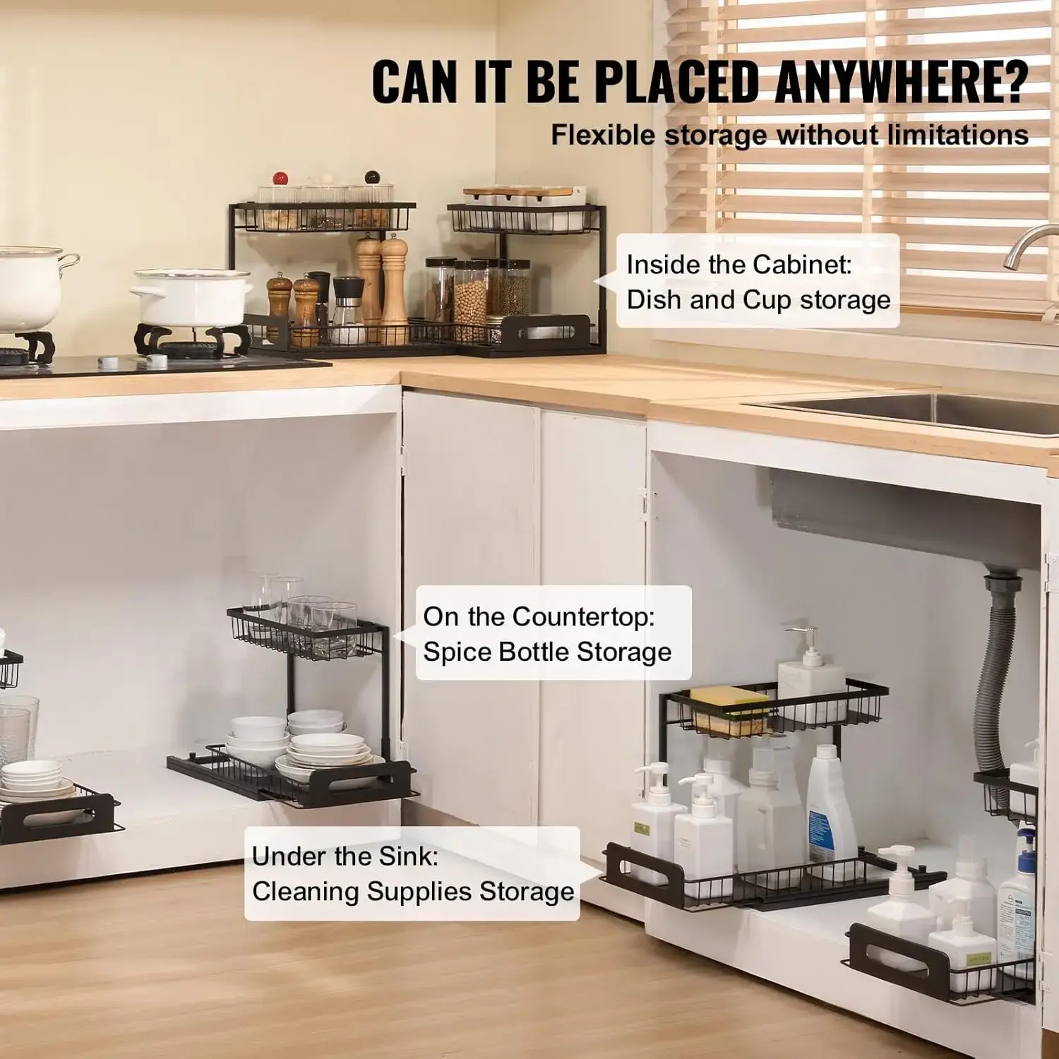 2 Tier Pull Out Cabinet Organizer(10.7"W x 14.2"D ), Under Sink Organizer and Storage, Slide Out Drawer Cabinet Organizer