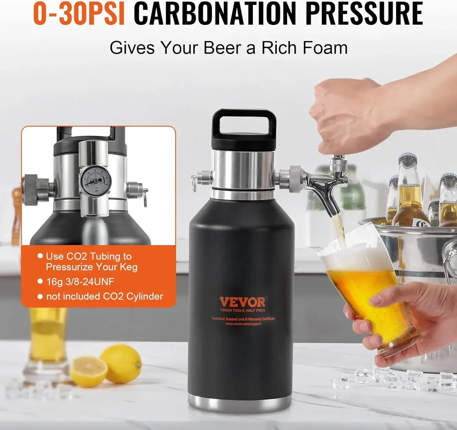 Beer Growler Tap System, 64Oz 1.89L Mini Keg, 304 Stainless Steel Pressurized Beer Growler, Keg Growler with Pressure Display