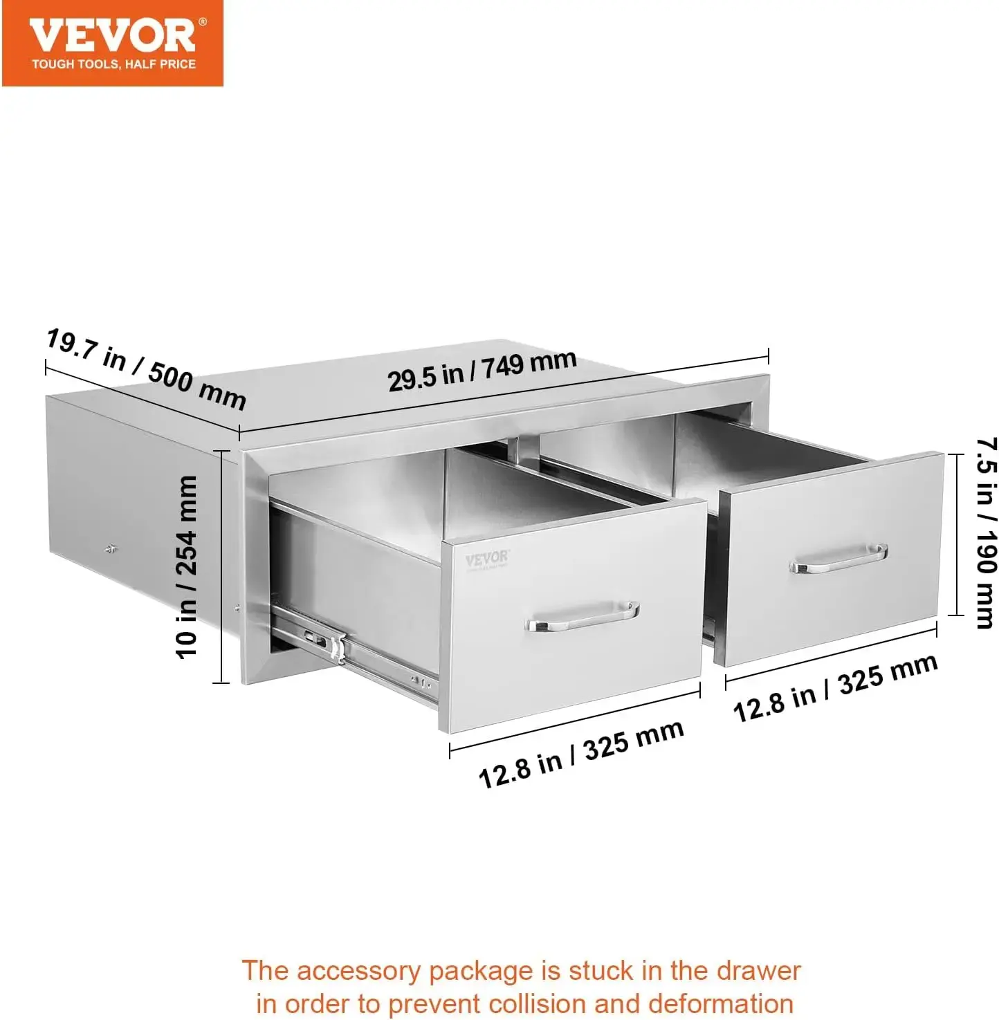 Outdoor Kitchen Drawers 30" W x 10" H x 20" D, Horizontal Double BBQ Access Drawers Stainless Steel with Handle