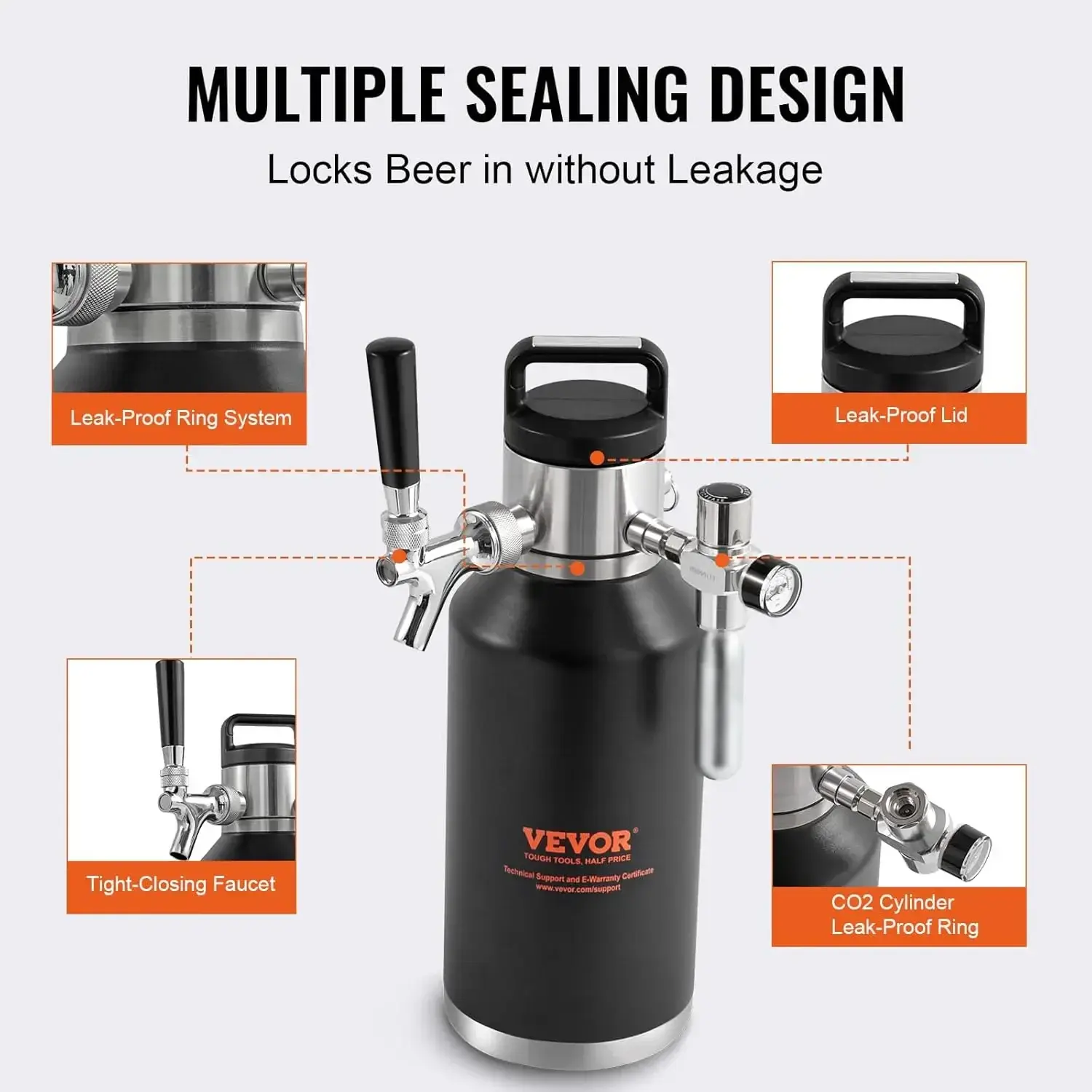 Beer Growler Tap System, 64Oz 1.89L Mini Keg, 304 Stainless Steel Pressurized Beer Growler, Keg Growler with Pressure Display
