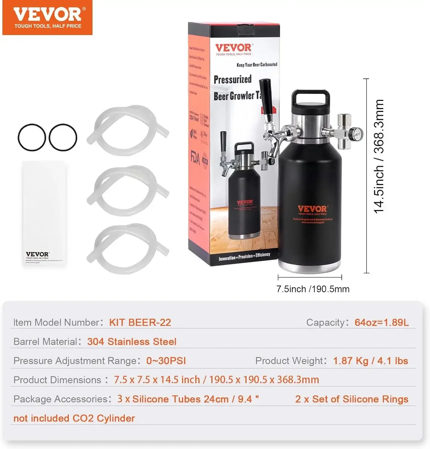 Beer Growler Tap System, 64Oz 1.89L Mini Keg, 304 Stainless Steel Pressurized Beer Growler, Keg Growler with Pressure Display