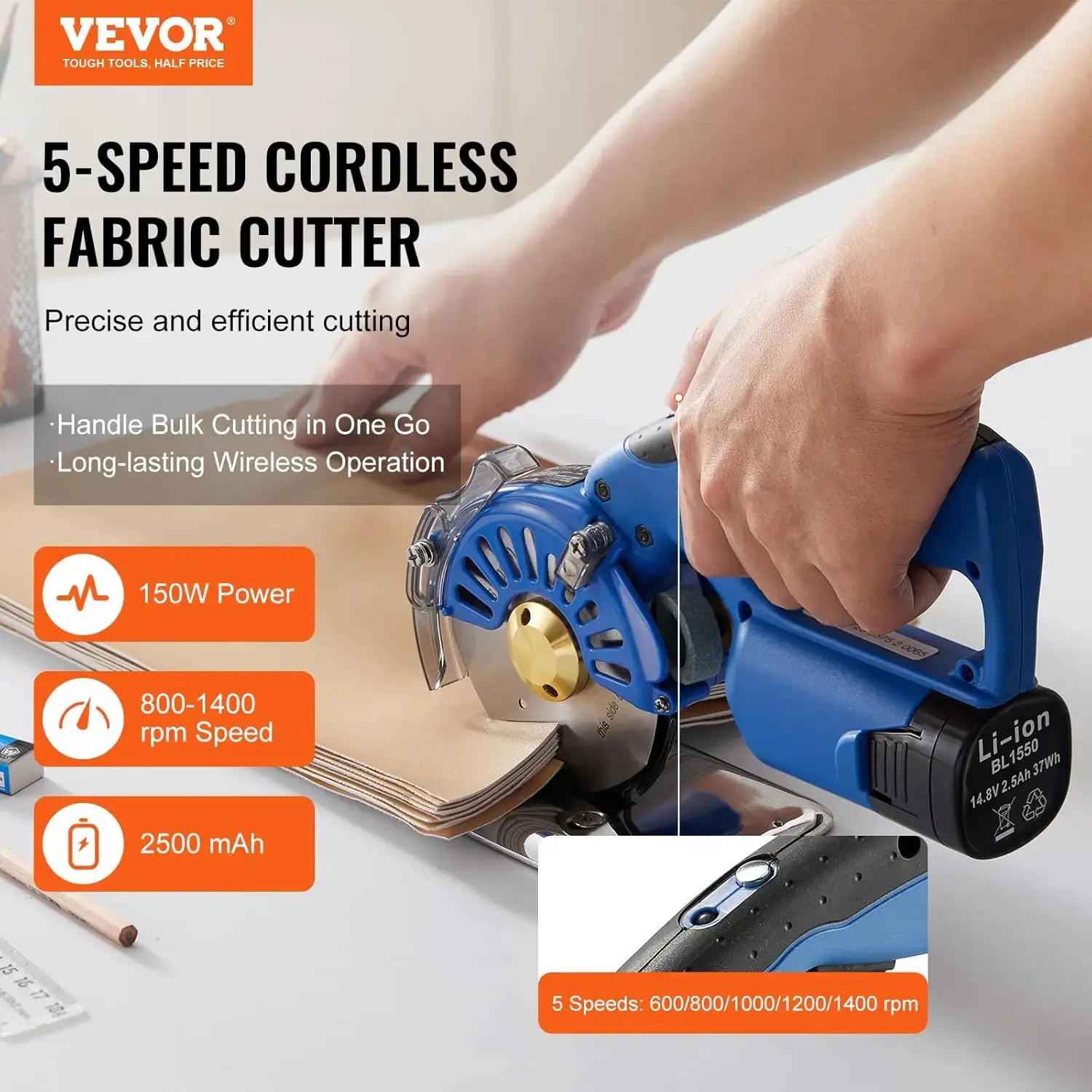 Fabric Cutter, 5-Speed Cordless Electric Rotary Fabric Cutting Machine, 1.1" Cutting Thickness, Octagonal Knife
