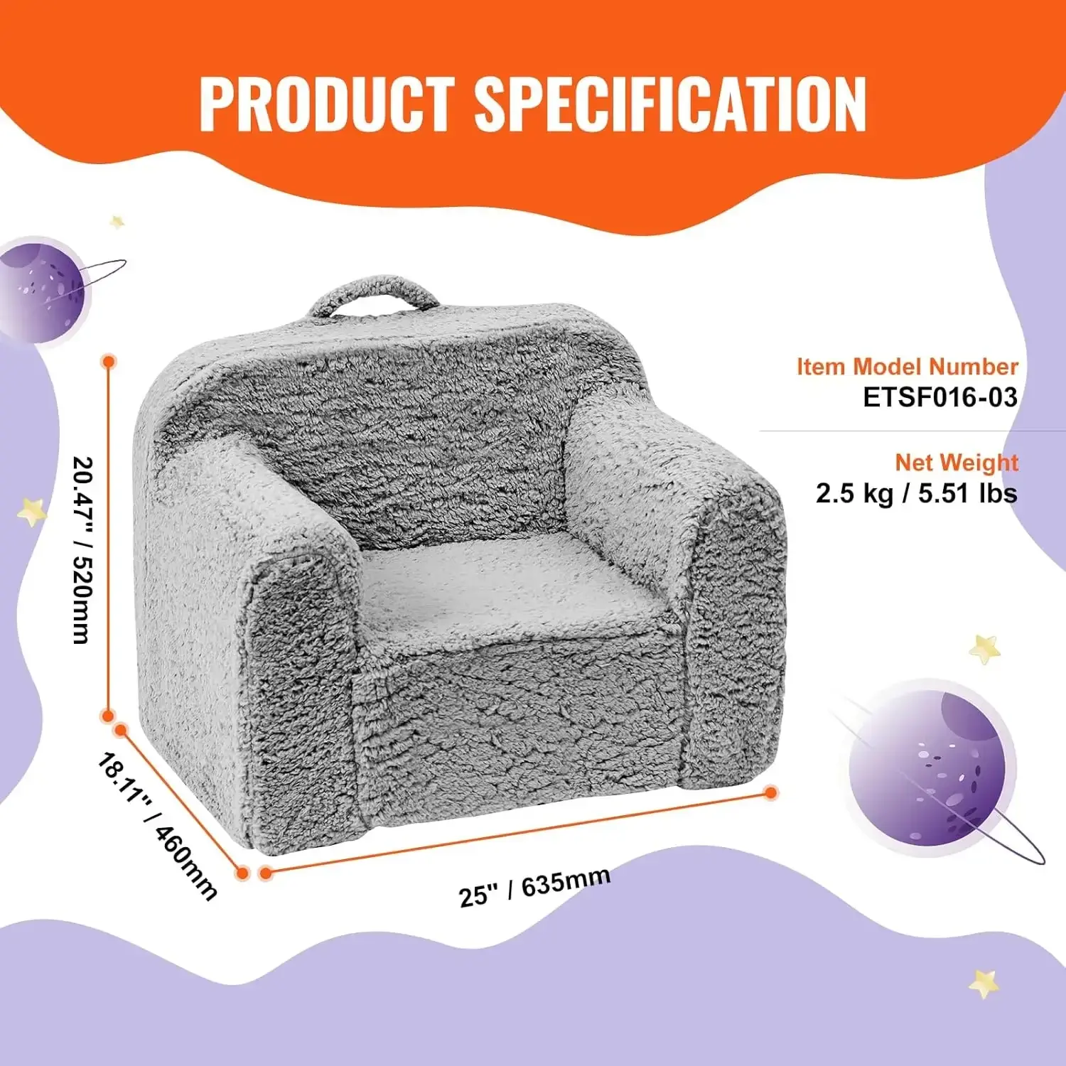 Kids Armchair, Kids Sofa with High-Density 25D Sponge, Snuggly-Soft Toddler Chair