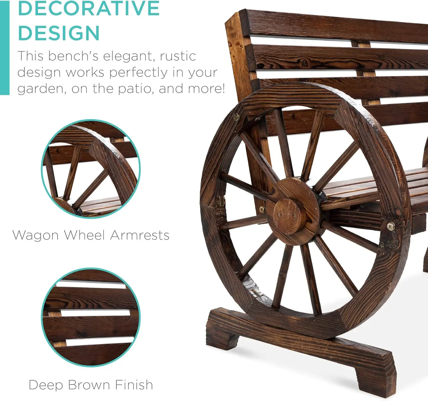 2-Person Wooden Wagon Wheel Bench for Backyard, Patio, Porch, Garden, Outdoor Lounge Furniture w/Rustic Country Design - Brown