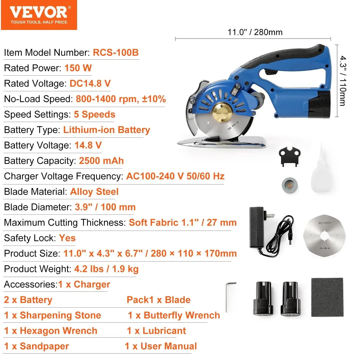 Fabric Cutter, 5-Speed Cordless Electric Rotary Fabric Cutting Machine, 1.1" Cutting Thickness, Octagonal Knife