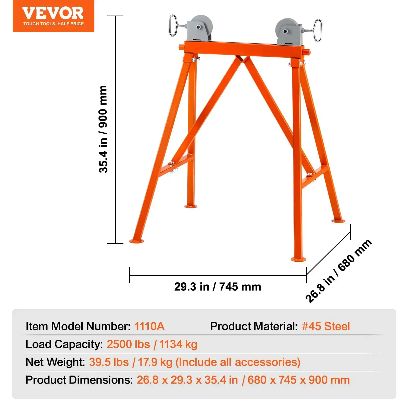 Pipe Stand with Roller Head – 2500 lbs Load Capacity, Adjustable for 2-36 Inch Pipes