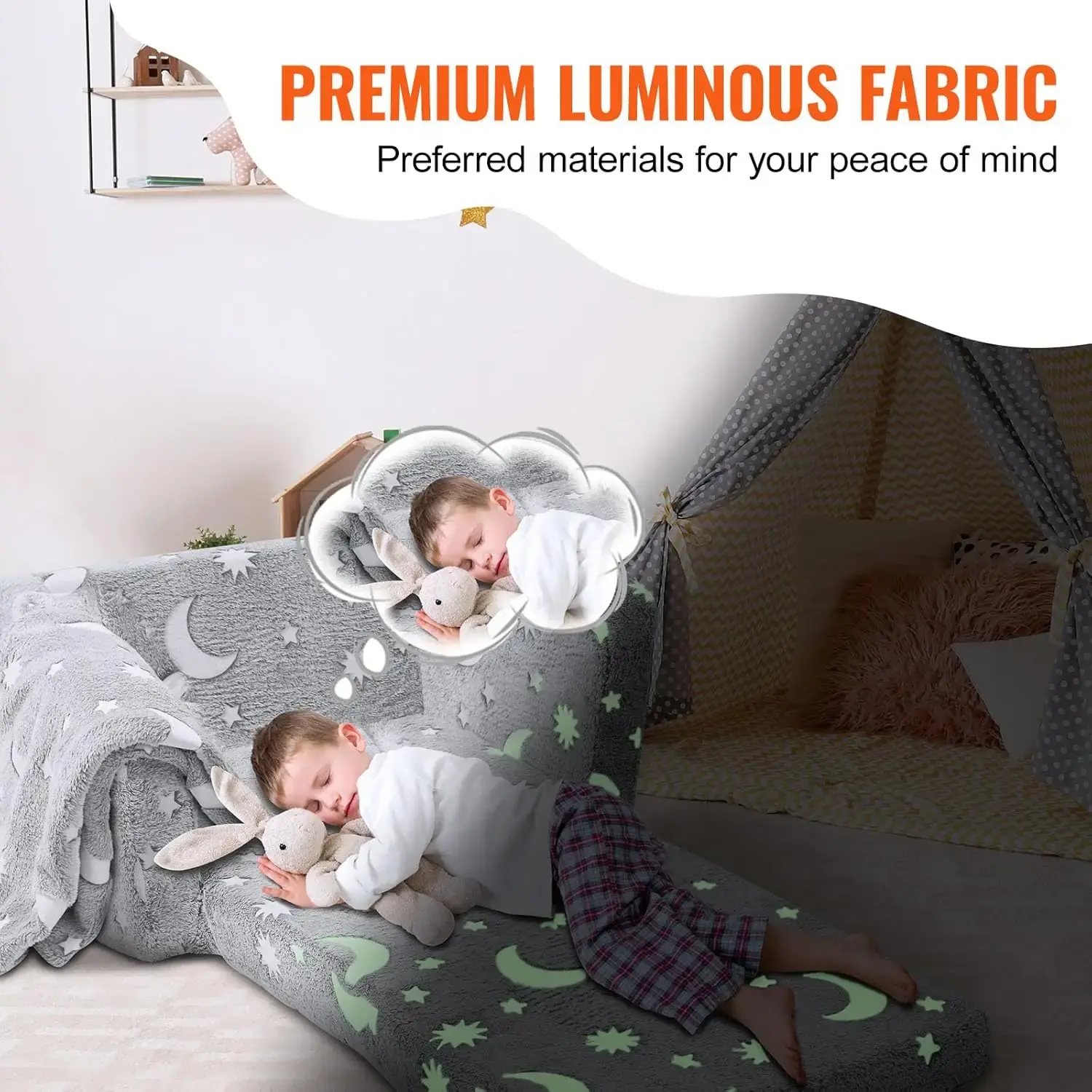 Fold-Out Kids Sofa, Glow-in-The-Dark Kids Couch Chair, 2-in-1 Children Convertible Sofa to Lounger
