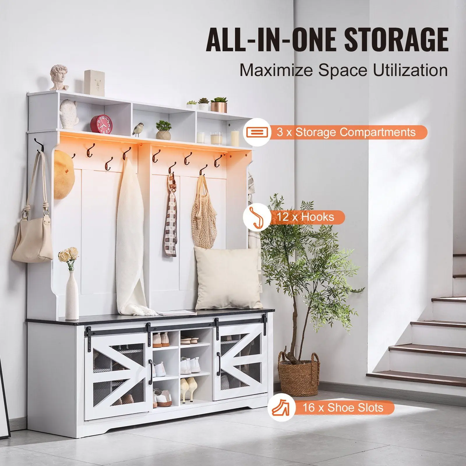 Hall Tree Wooden Hall Tree with Bench 12 Hooks for Entryway & Hallway