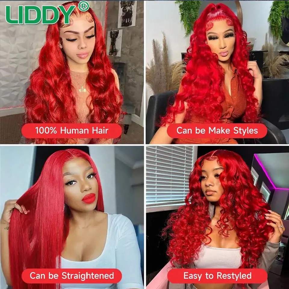 Red 360 Full Lace Wig Human Hair Pre Plucked Red 99J Bone Straight Lace Frontal Wig For Women Hd Transparent Lace Front Wig