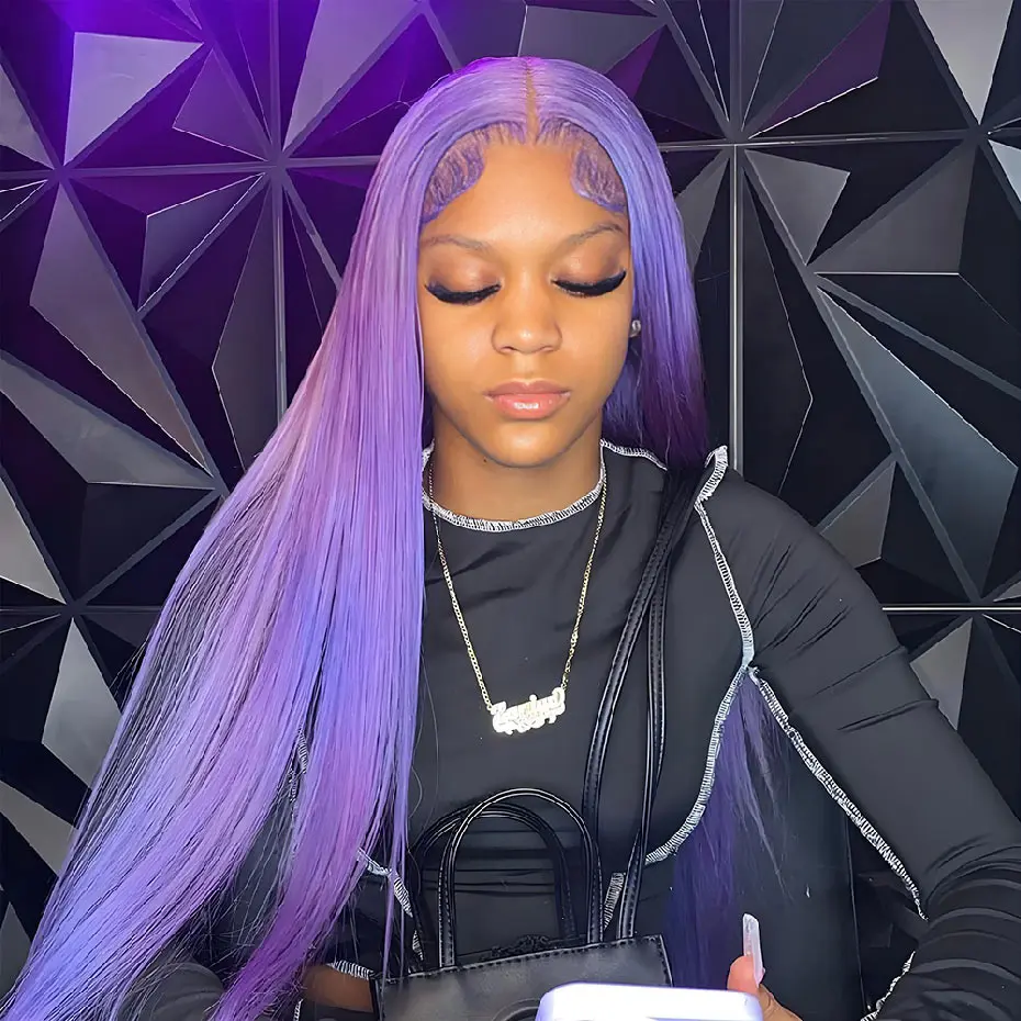 13x4 Purple Lace Front Human Hair Wig Brazilian 613 Blonde Lace Frontal Wig Pre Plucked Long Straight Lavender Colored Lace Wigs