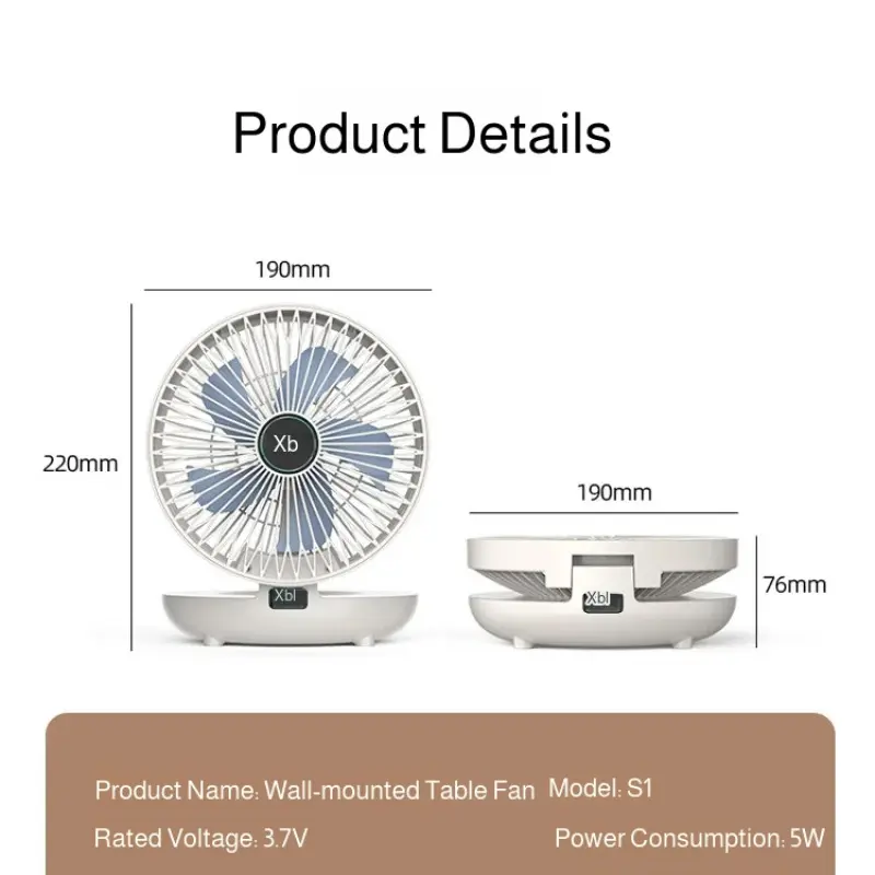 Wall-mounted Rechargeable Fan Desktop Fan Folding Portable Electric Fan Student Dormitory USB Rechargeable 3 Wind Speed