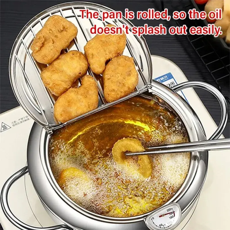 Japanese Deep Frying Pot with a Thermometer and a Lid 304 Stainless Steel Deep Fryer  Cooking Tools
