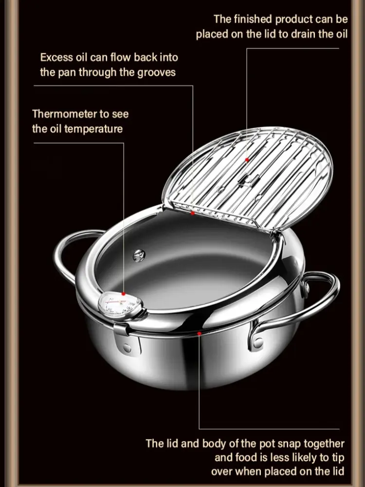 Japanese Deep Frying Pot with a Thermometer and a Lid 304 Stainless Steel Deep Fryer  Cooking Tools