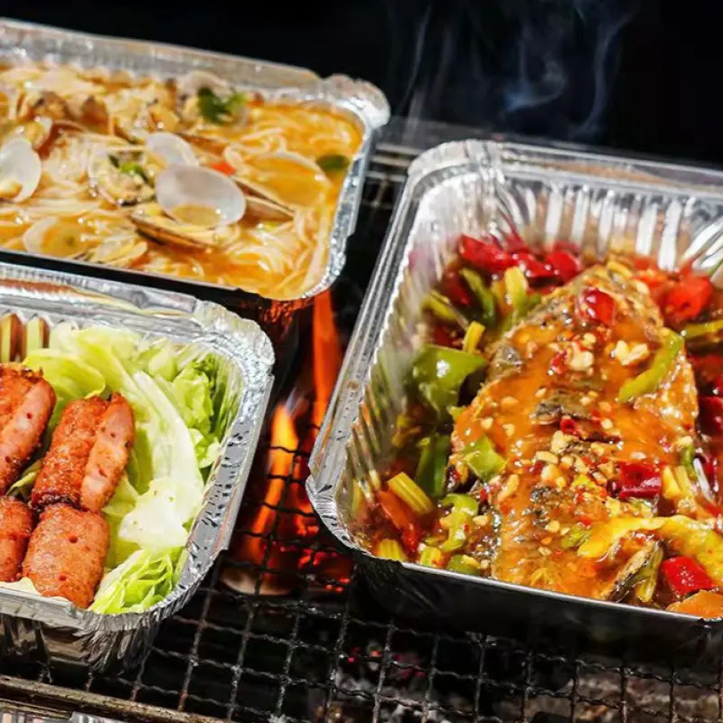 Disposable fast food takeaway box packaged meal box barbecue heatable aluminum foil tin paper box clam fast food takeaway box