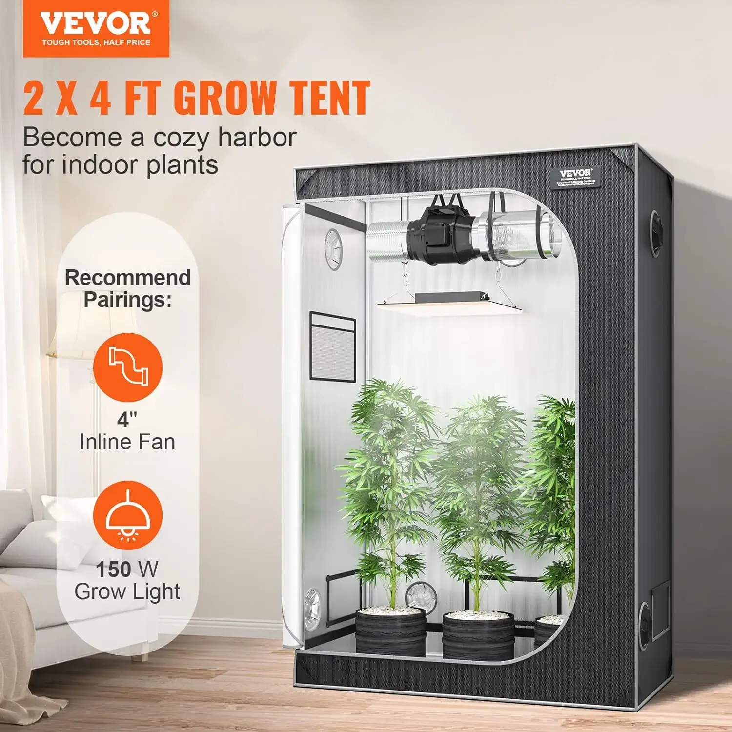 2x4 Grow Tent, 48'' x 24'' x 72'', High Reflective 2000D Mylar Hydroponic Growing Tent with Observation Window