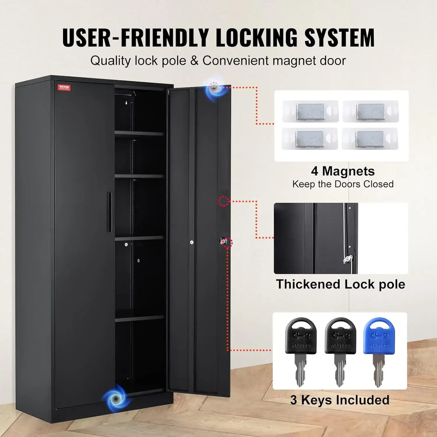 Metal Storage Cabinet, Steel Locking Storage Cabinet with 2 Magnetic Doors and 4 Adjustable Shelves, 200 lbs Capacity per Shelf