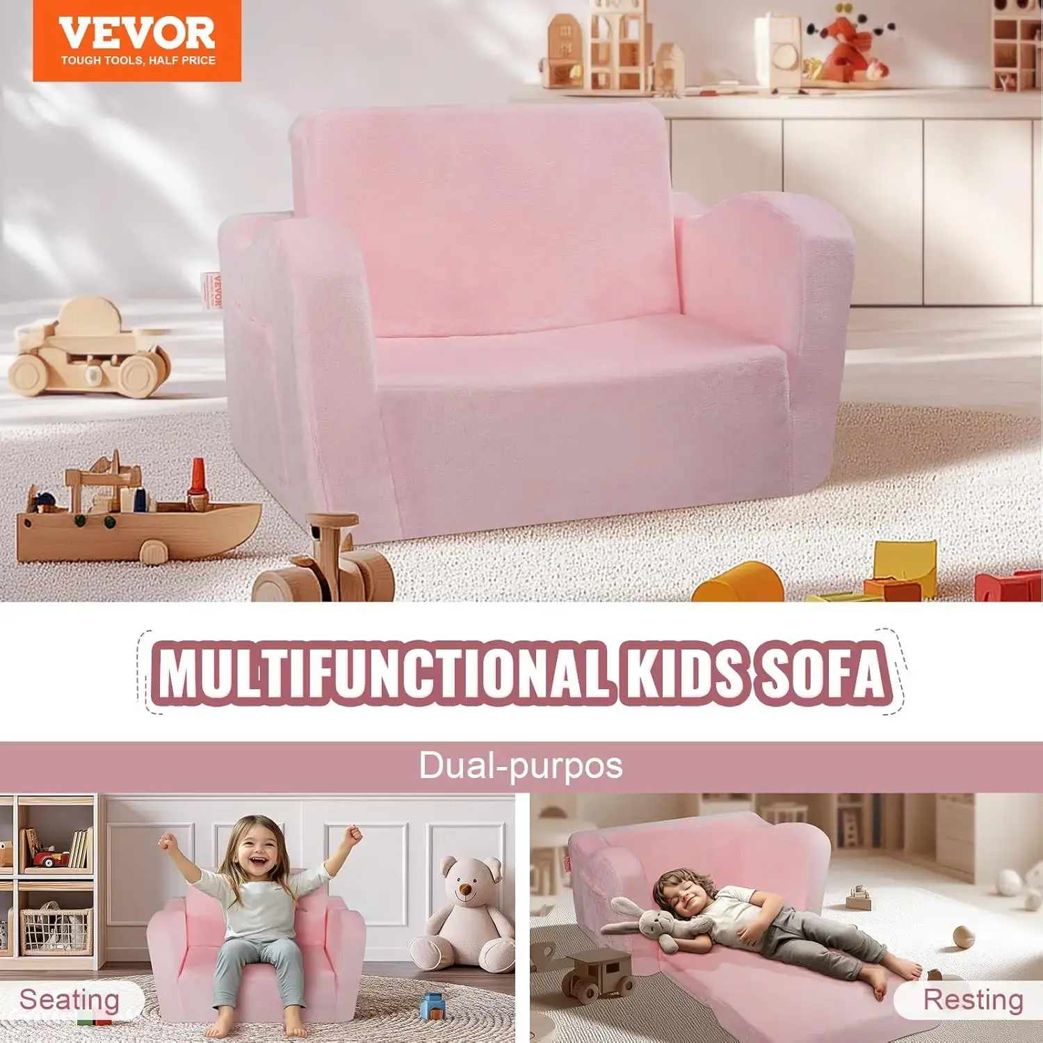 Kids Couch, 2-in-1 Toddler Chairs Comfy, Toddler Couch Sofa Bed Fold Out, Convertible Sofa to Lounger