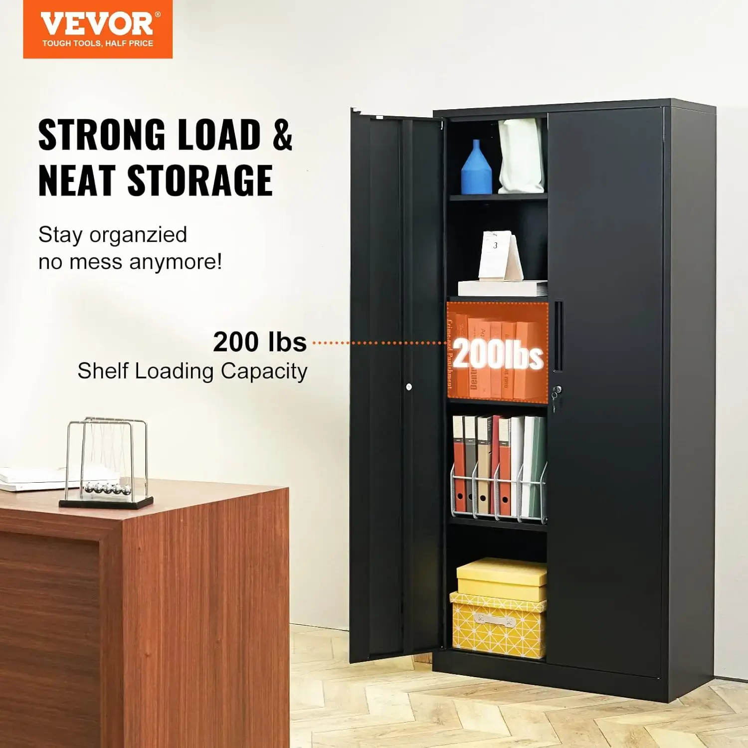 Metal Storage Cabinet, Steel Locking Storage Cabinet with 2 Magnetic Doors and 4 Adjustable Shelves, 200 lbs Capacity per Shelf