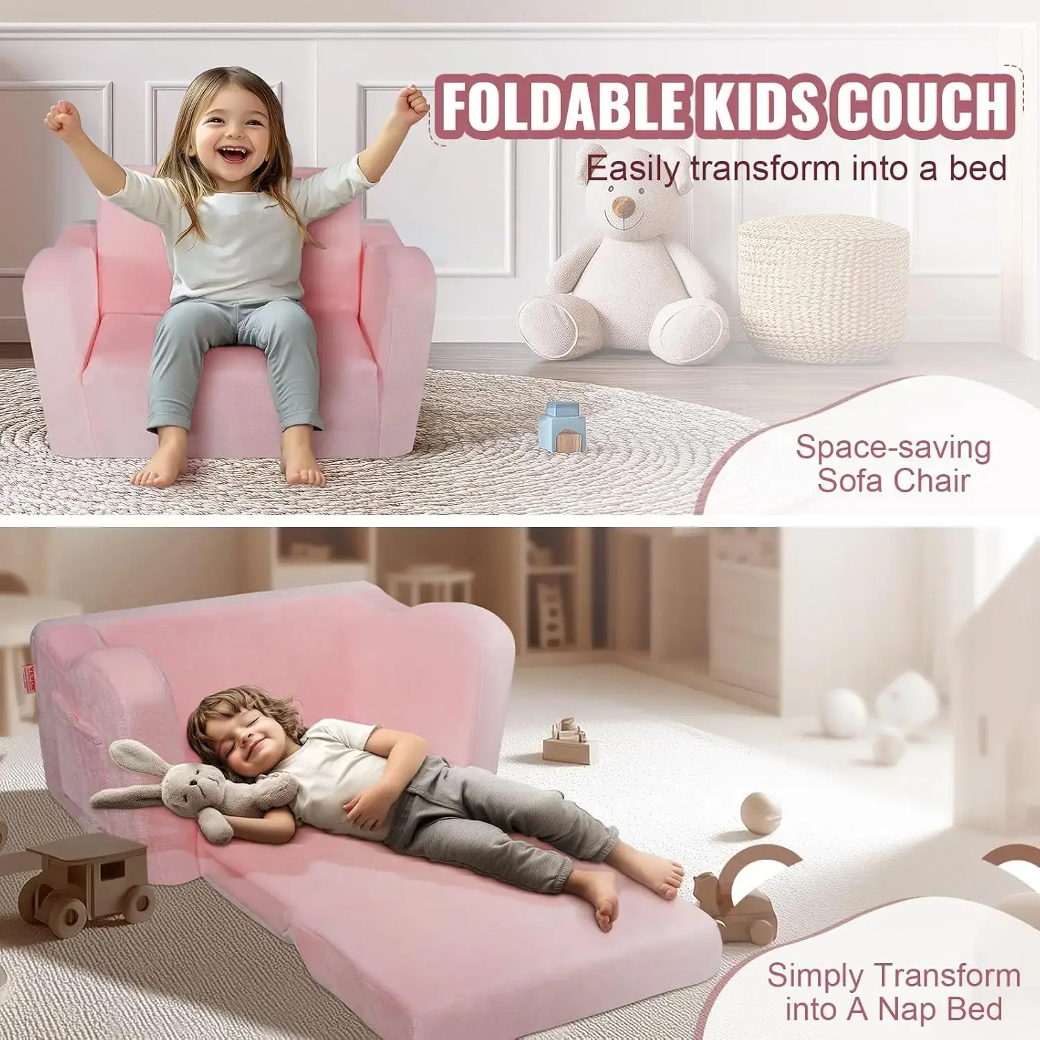 Kids Couch, 2-in-1 Toddler Chairs Comfy, Toddler Couch Sofa Bed Fold Out, Convertible Sofa to Lounger