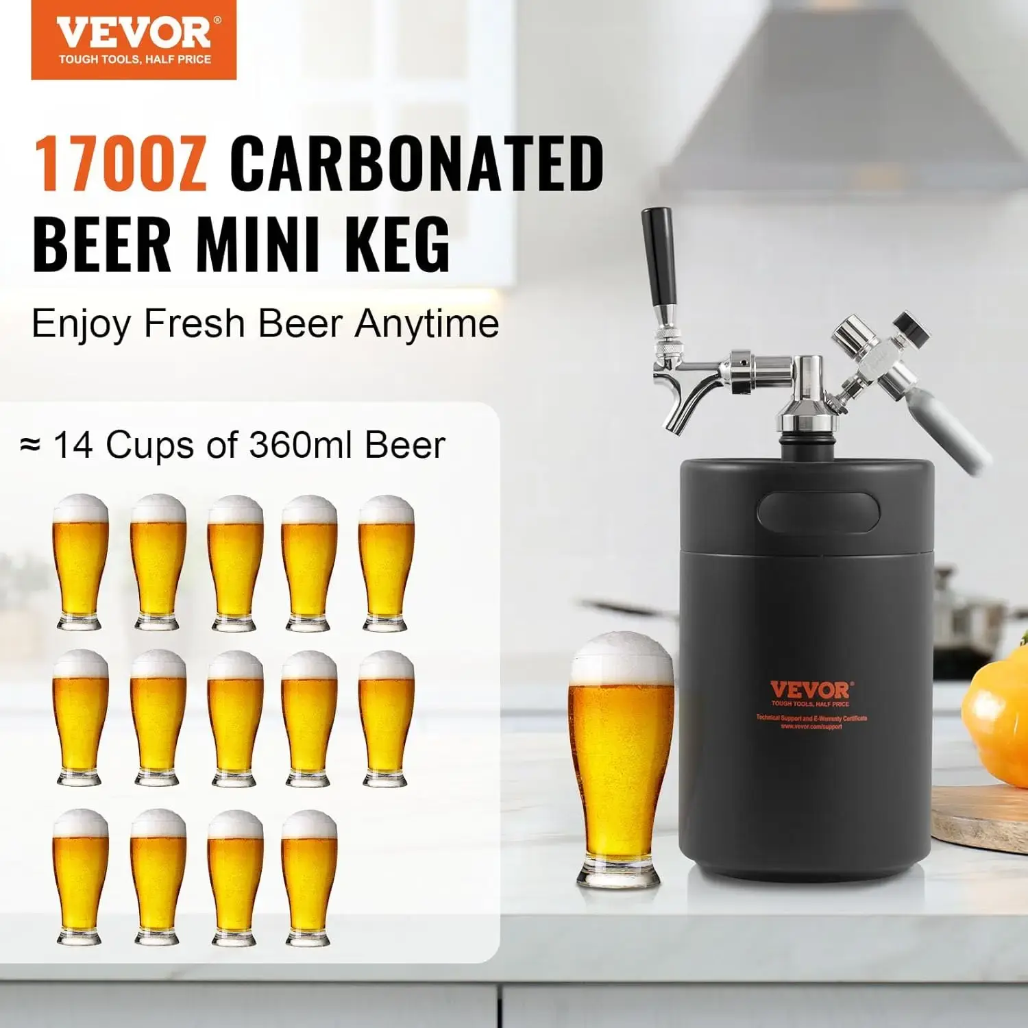 Beer Growler Tap System, 170Oz 5L Mini Keg, 304 Stainless Steel Pressurized Beer Growler, Keg Growler with Pressure Display