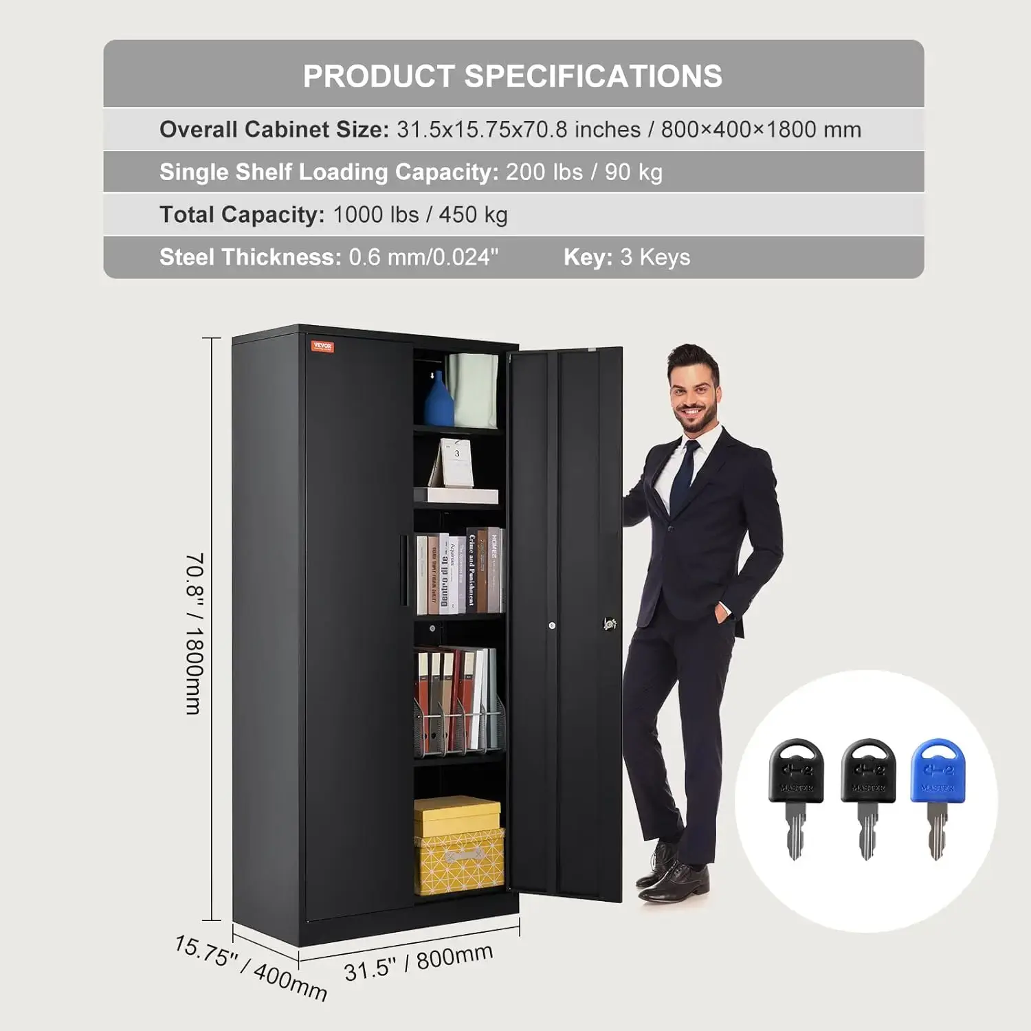 Metal Storage Cabinet, Steel Locking Storage Cabinet with 2 Magnetic Doors and 4 Adjustable Shelves, 200 lbs Capacity per Shelf