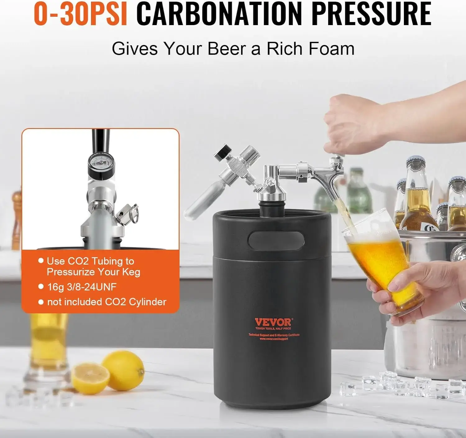Beer Growler Tap System, 170Oz 5L Mini Keg, 304 Stainless Steel Pressurized Beer Growler, Keg Growler with Pressure Display