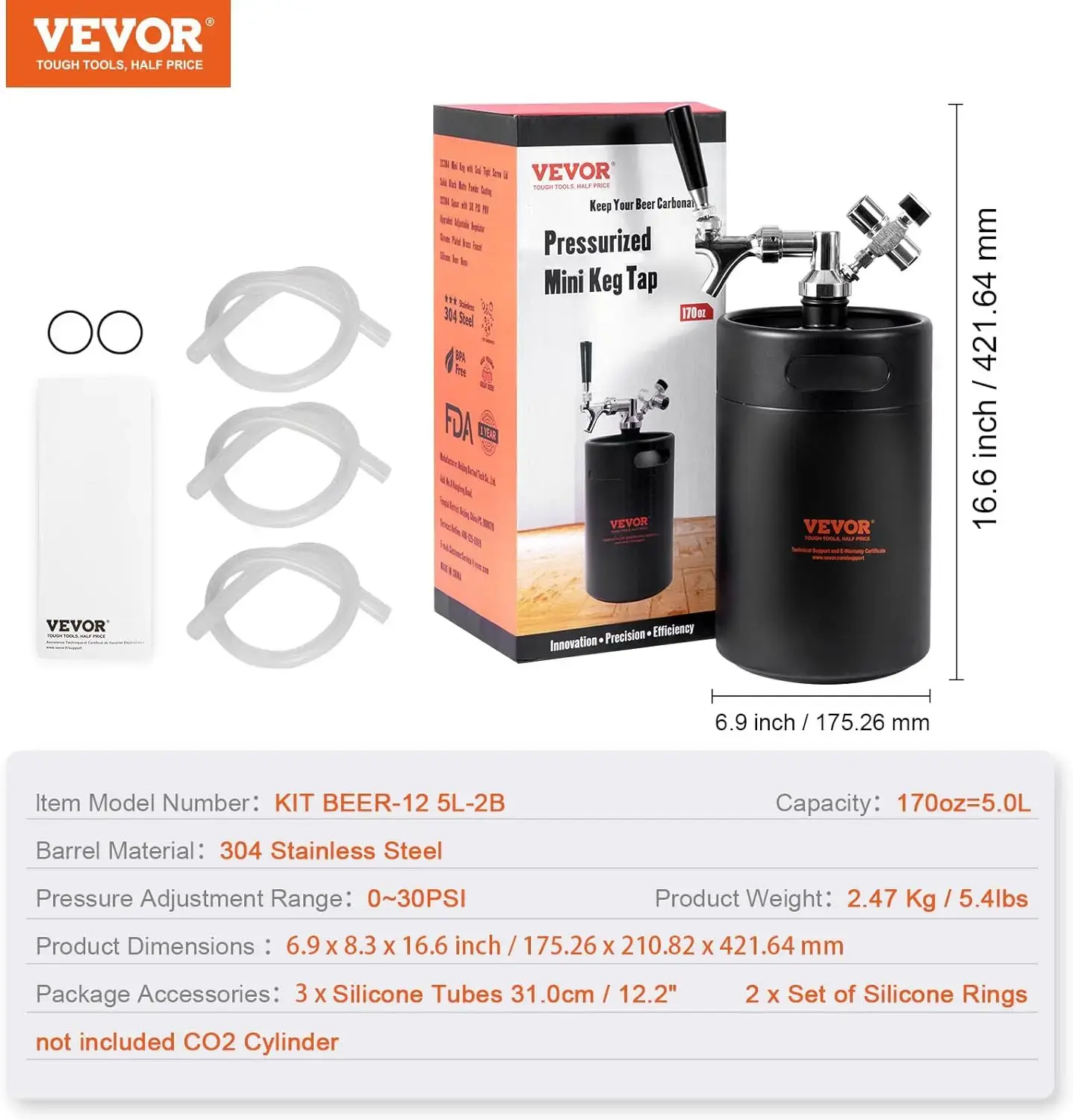 Beer Growler Tap System, 170Oz 5L Mini Keg, 304 Stainless Steel Pressurized Beer Growler, Keg Growler with Pressure Display