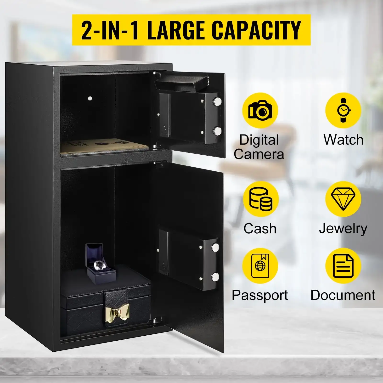 Large Double Door Security Safe Box 2.6 Cubic Feet Steel Safe Box Strong Box with Digital Lock for Money Jewelry Black