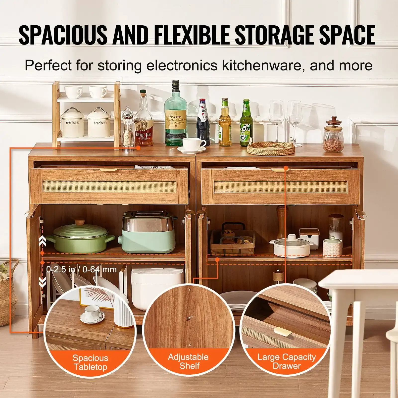 Rattan Cabinet with 4 Doors 2 Drawers Adjustable Shelves Set of 2 Natural