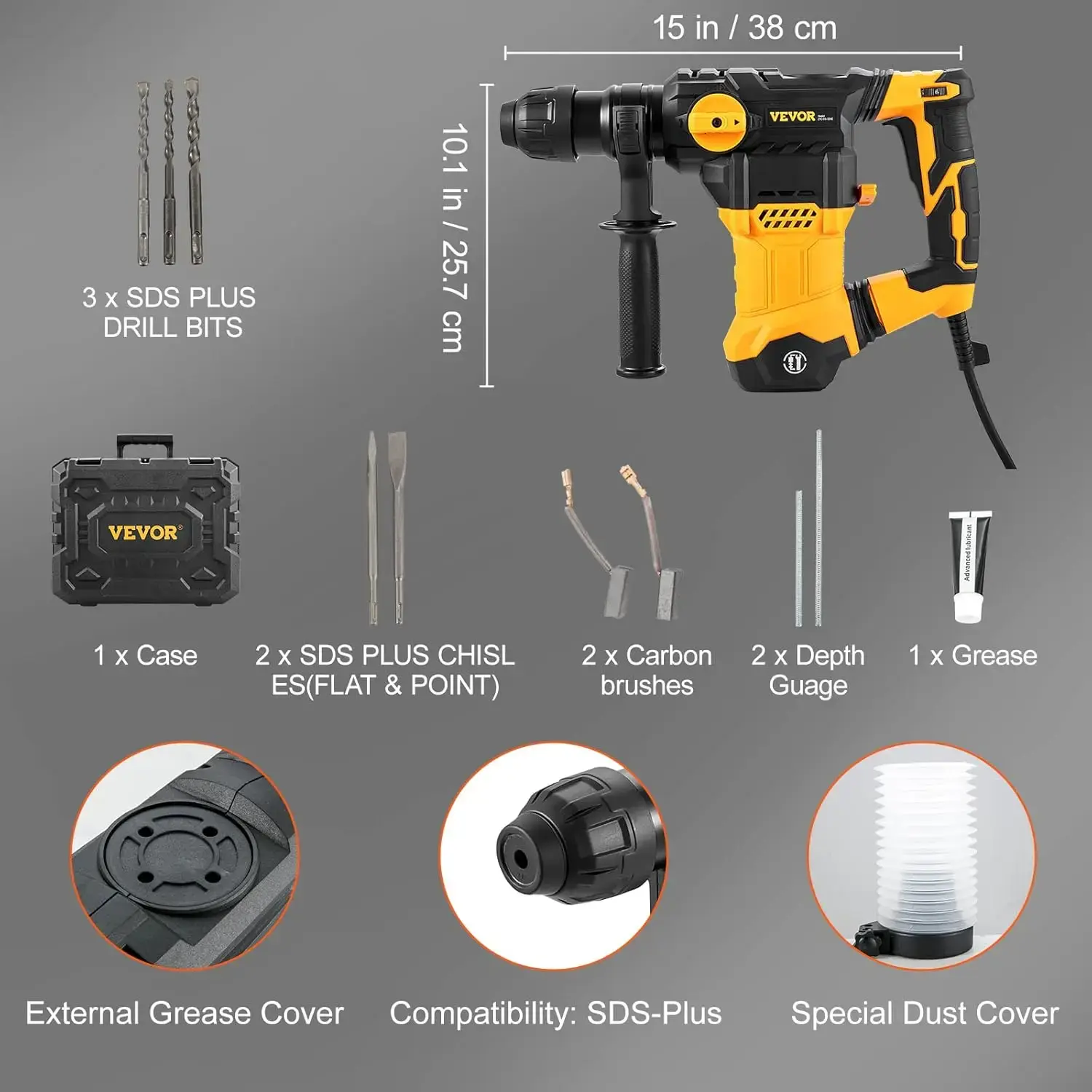 1-1/4 Inch SDS-Plus Rotary Hammer Drill, 13 Amp Corded Drills, Heavy Duty Chipping Hammers w/Vibration Control & Safety Clutch