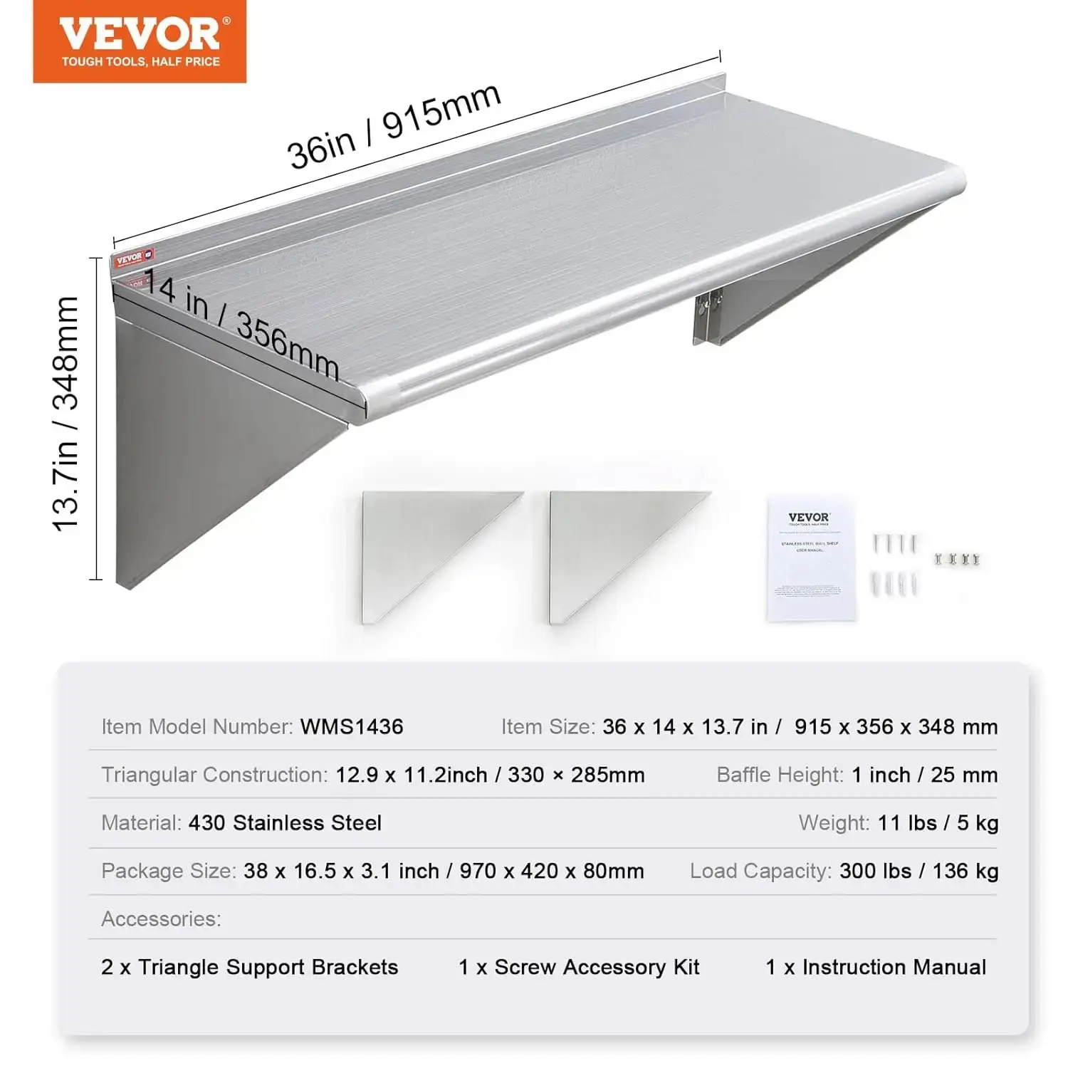 14" x 36" Stainless Steel Shelf, Wall Mounted Floating Shelving with Brackets, 300 lbs Load Capacity Commercial Shelves