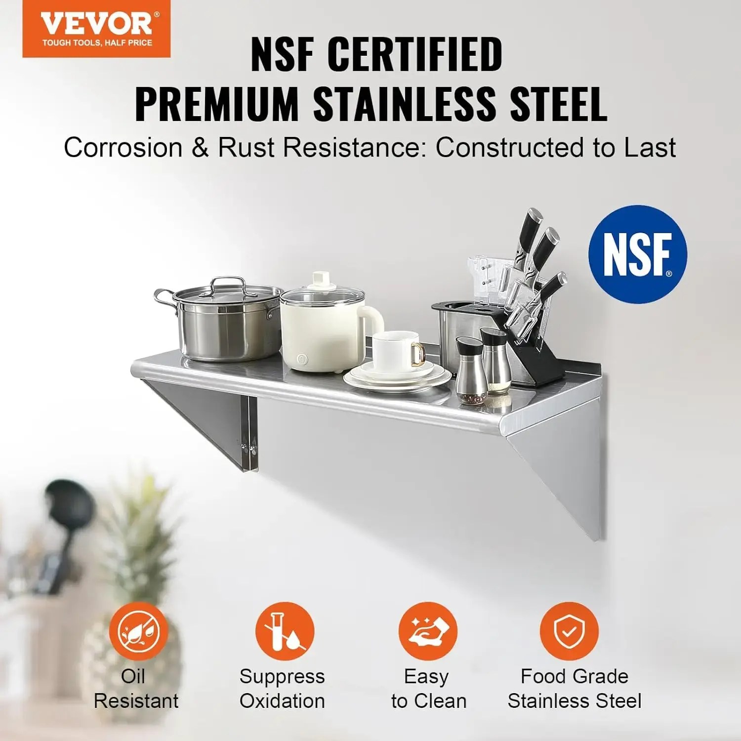 14" x 36" Stainless Steel Shelf, Wall Mounted Floating Shelving with Brackets, 300 lbs Load Capacity Commercial Shelves