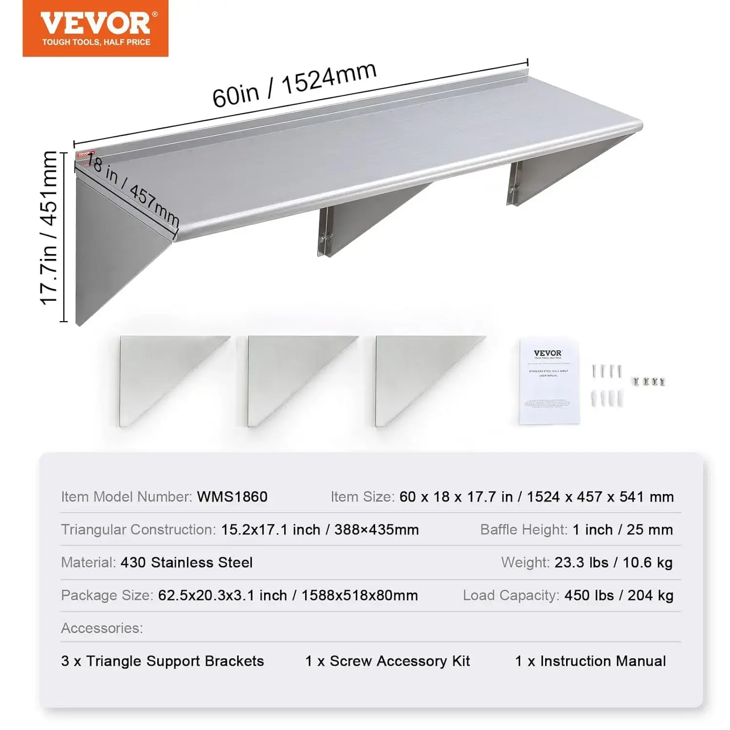 18" x 60" Stainless Steel Shelf, Wall Mounted Floating Shelving with Brackets, 450 lbs Load Capacity Commercial Shelves
