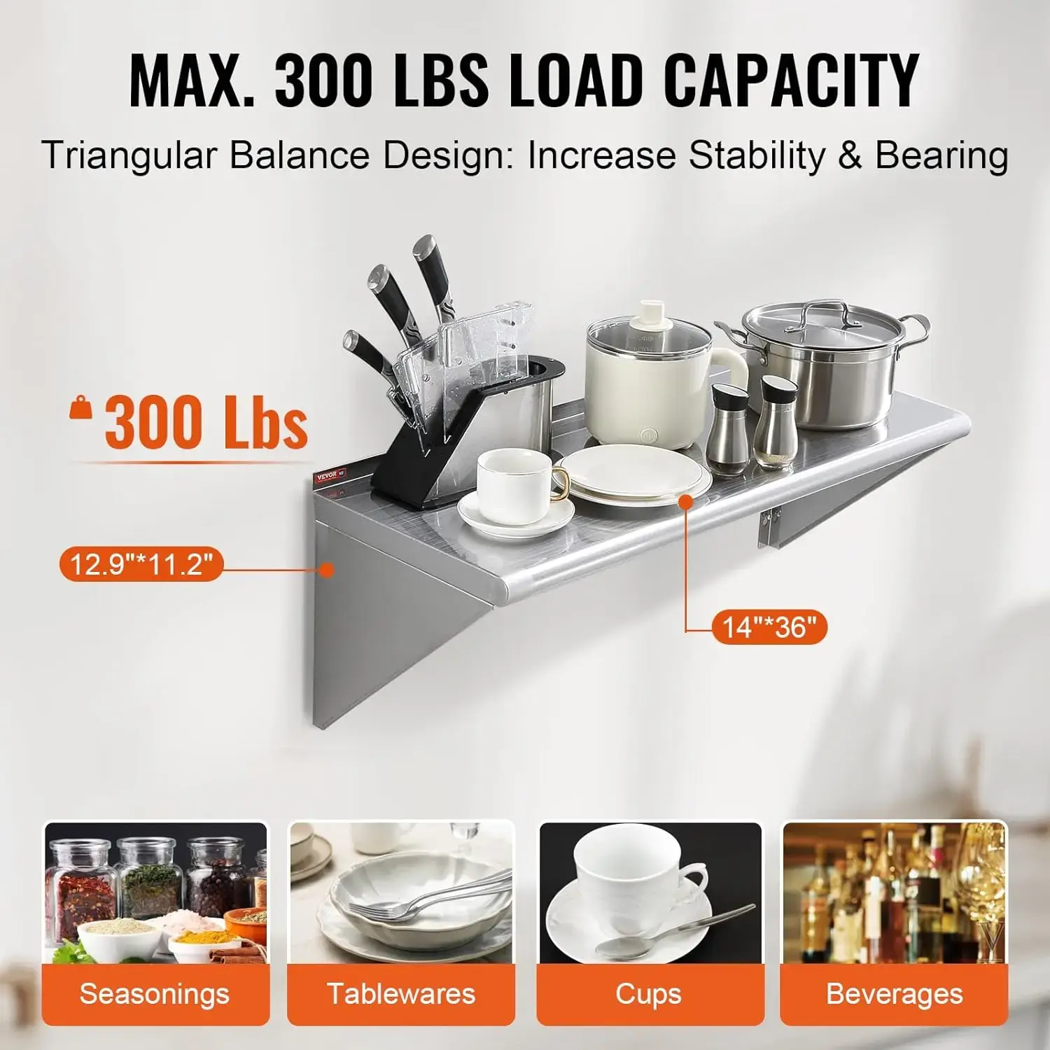 14" x 36" Stainless Steel Shelf, Wall Mounted Floating Shelving with Brackets, 300 lbs Load Capacity Commercial Shelves