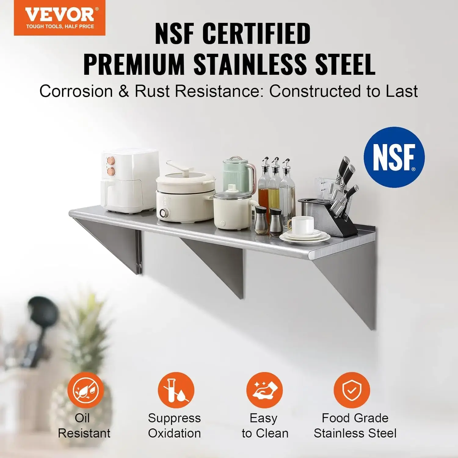 18" x 60" Stainless Steel Shelf, Wall Mounted Floating Shelving with Brackets, 450 lbs Load Capacity Commercial Shelves