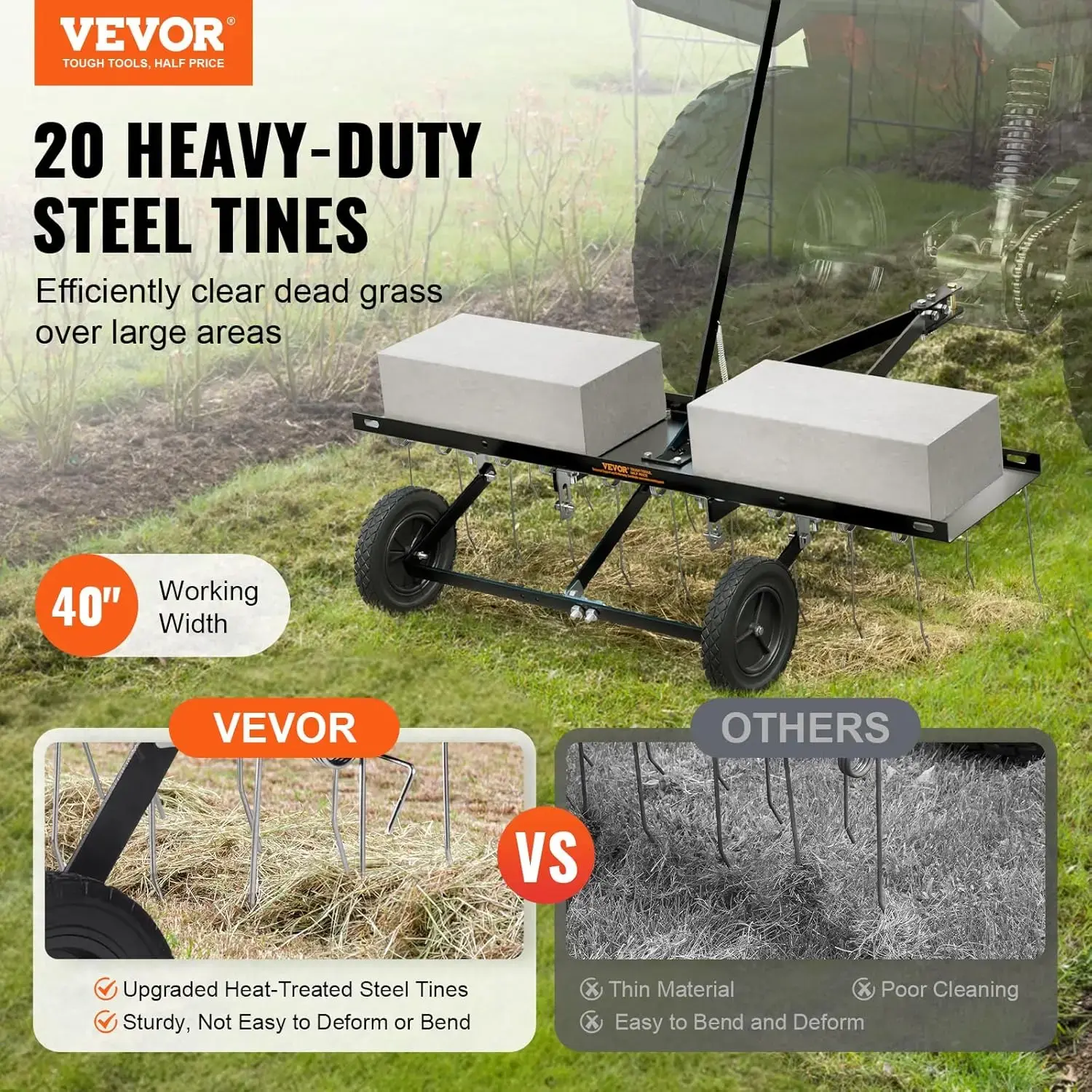 Tow Behind Dethatcher, 40-inch Tow Dethatcher with 20 Spring Steel Tines, Lawn Dethatcher Rake for ATV or Mower