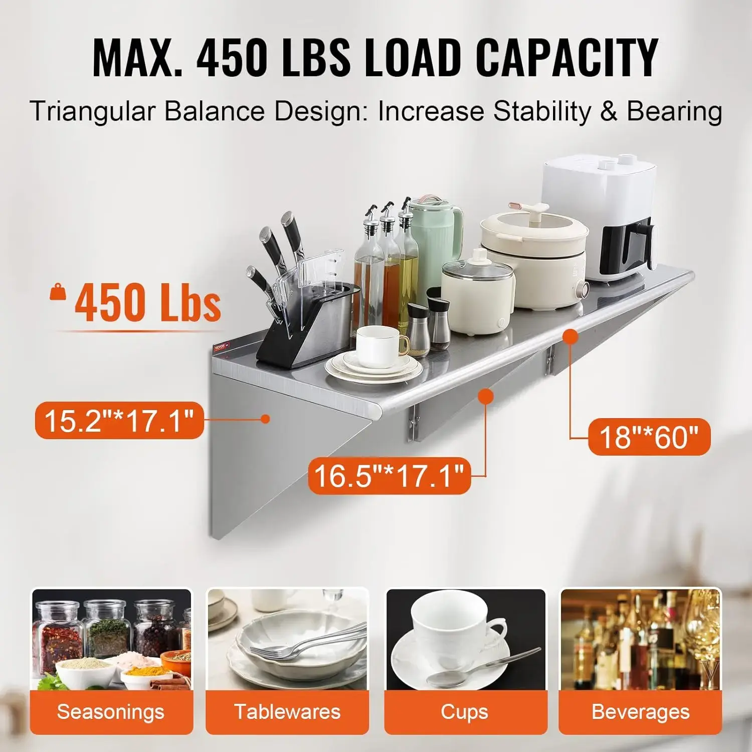 18" x 60" Stainless Steel Shelf, Wall Mounted Floating Shelving with Brackets, 450 lbs Load Capacity Commercial Shelves