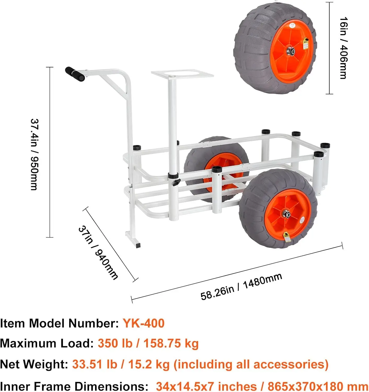 Beach Fishing Cart, 350 lbs Load Capacity, Fish and Marine Cart with Two 16" Big Wheels PU Balloon Tires for Sand