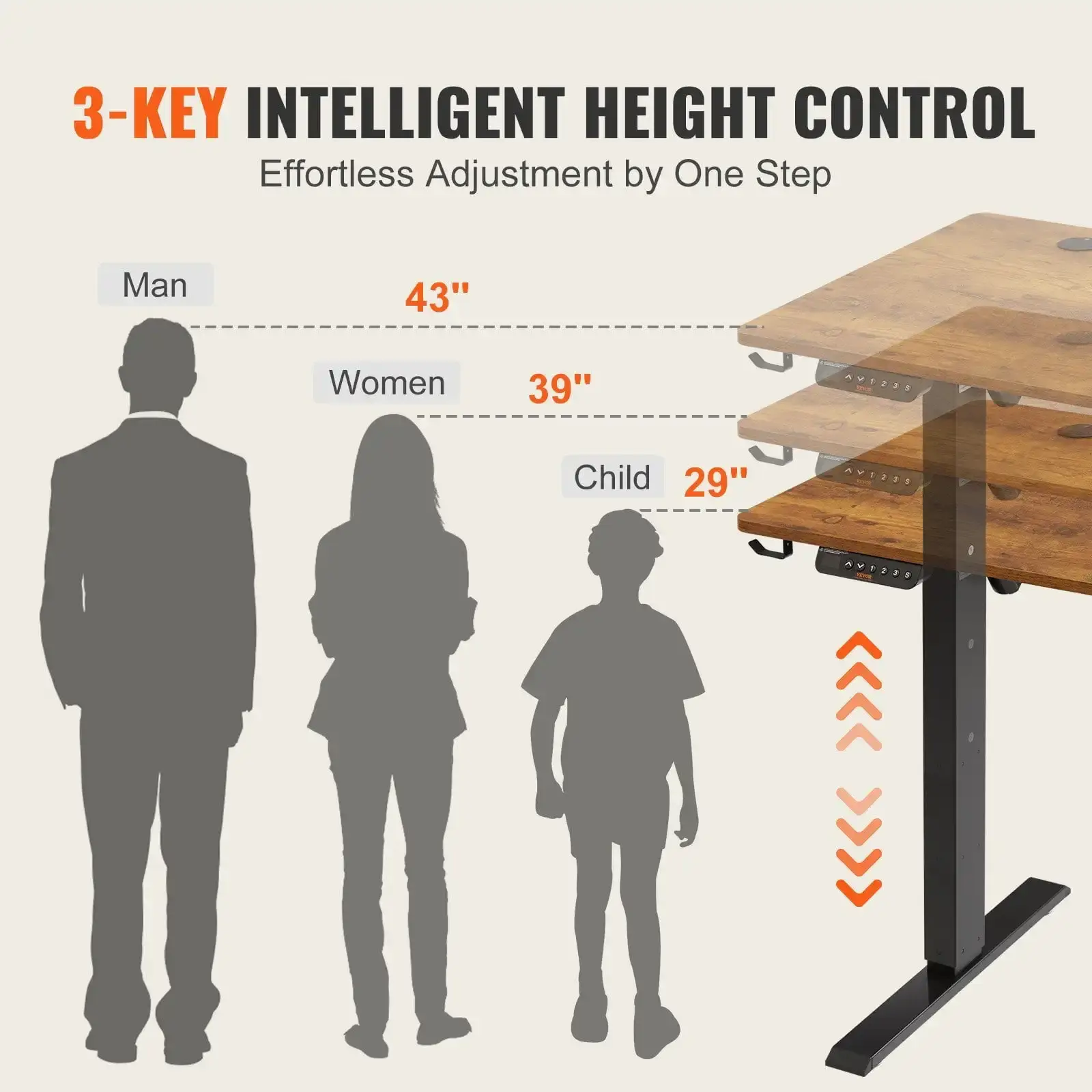 Height Adjustable Desk, 47.2 x 23.6 in, 3-Key Modes Electric Standing Desk, Whole Piece Desk Board, Sturdy Dual Metal Frame