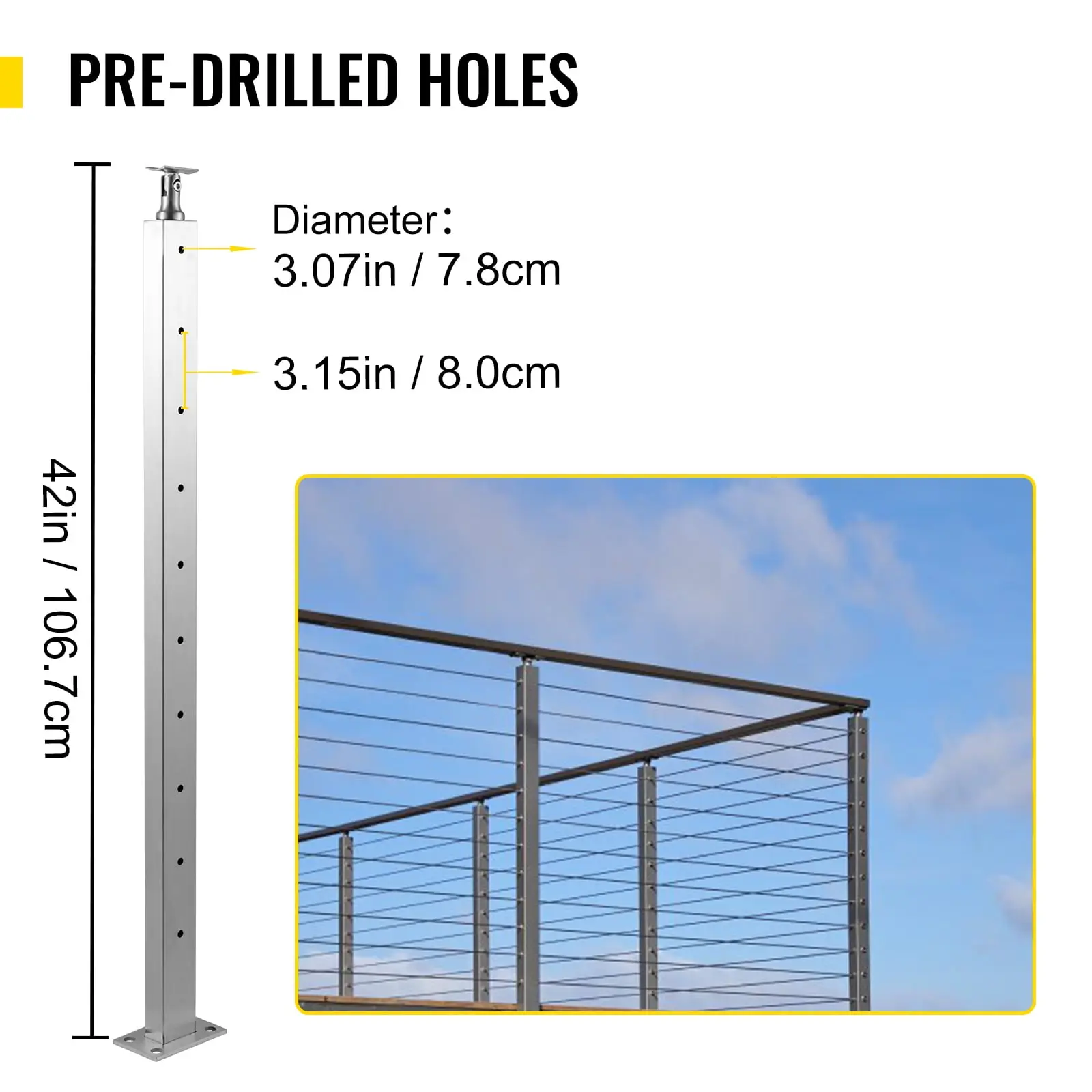 brand Cable Railing Post Level Deck Stair Post 42 x 0.98 x 1.97" Cable Handrail Post Stainless Steel Wire Drawing Deck Railing