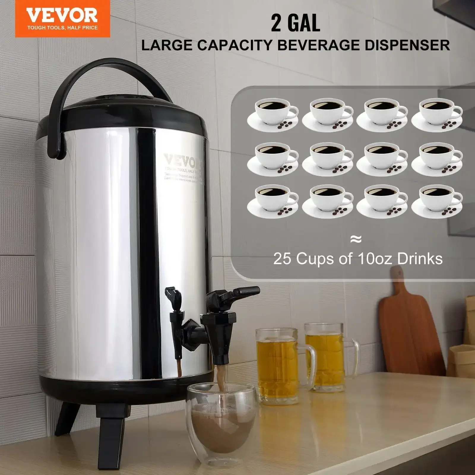 Stainless Steel Insulated Beverage Dispenser, 2 Gallon 7.6 Liter, Thermal Hot and Cold Drink Server Dispenser with Spigot Handle